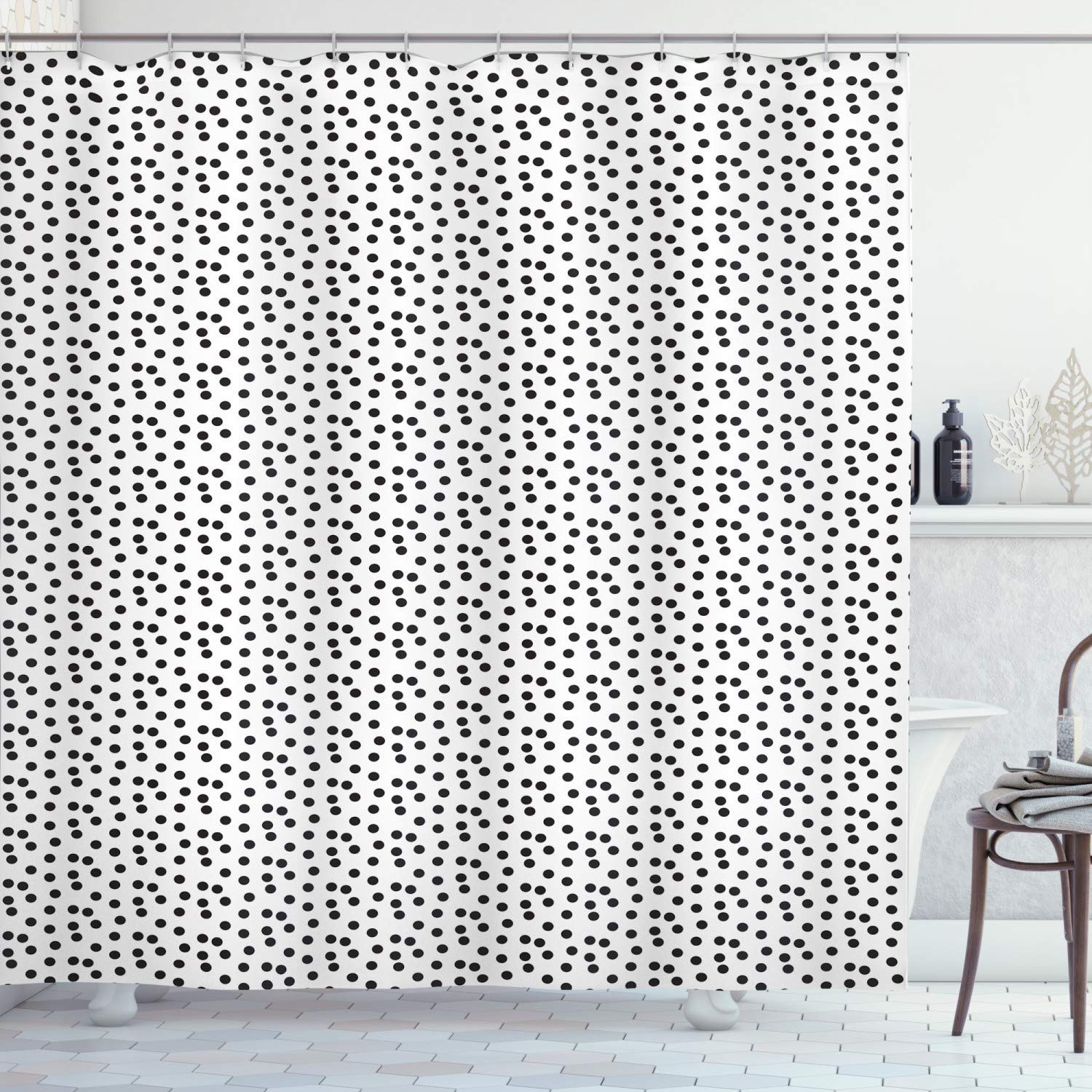 Ambesonne Abstract Geometry Shower Curtain - Modern Random Dots Pattern on Plain Background, 69x75 Inch Cloth Fabric Bathroom Decor with Hooks, White & Charcoal Grey - Perfect for Contemporary Bathrooms & Guest Suites