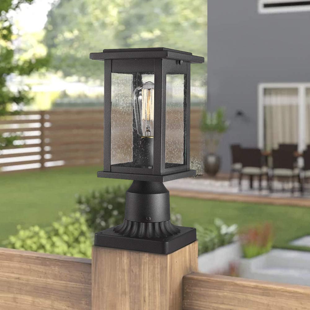 Emliviar 2 Pack Black Outdoor Post Light Fixtures with Seeded Glass - Waterproof Exterior Pillar Lights for Garden, Patio, Walkway & Porch Lighting