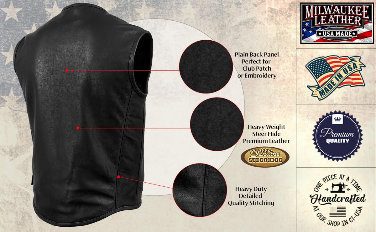 Premium Black Leather Motorcycle Vest for Men - Made in USA by Milwaukee Leather | Durable Biker Rider Vest for Harley, Cruiser & Adventure Riding