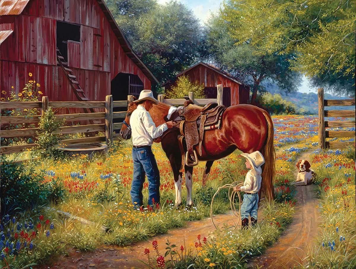 1000 Piece Wooden Jigsaw Puzzle for Adults & Kids - Farm Painting, Western Farm Art, Farmer Family Scene | Fun Family Activity, Educational Puzzle, Stress Relief & Home Decor