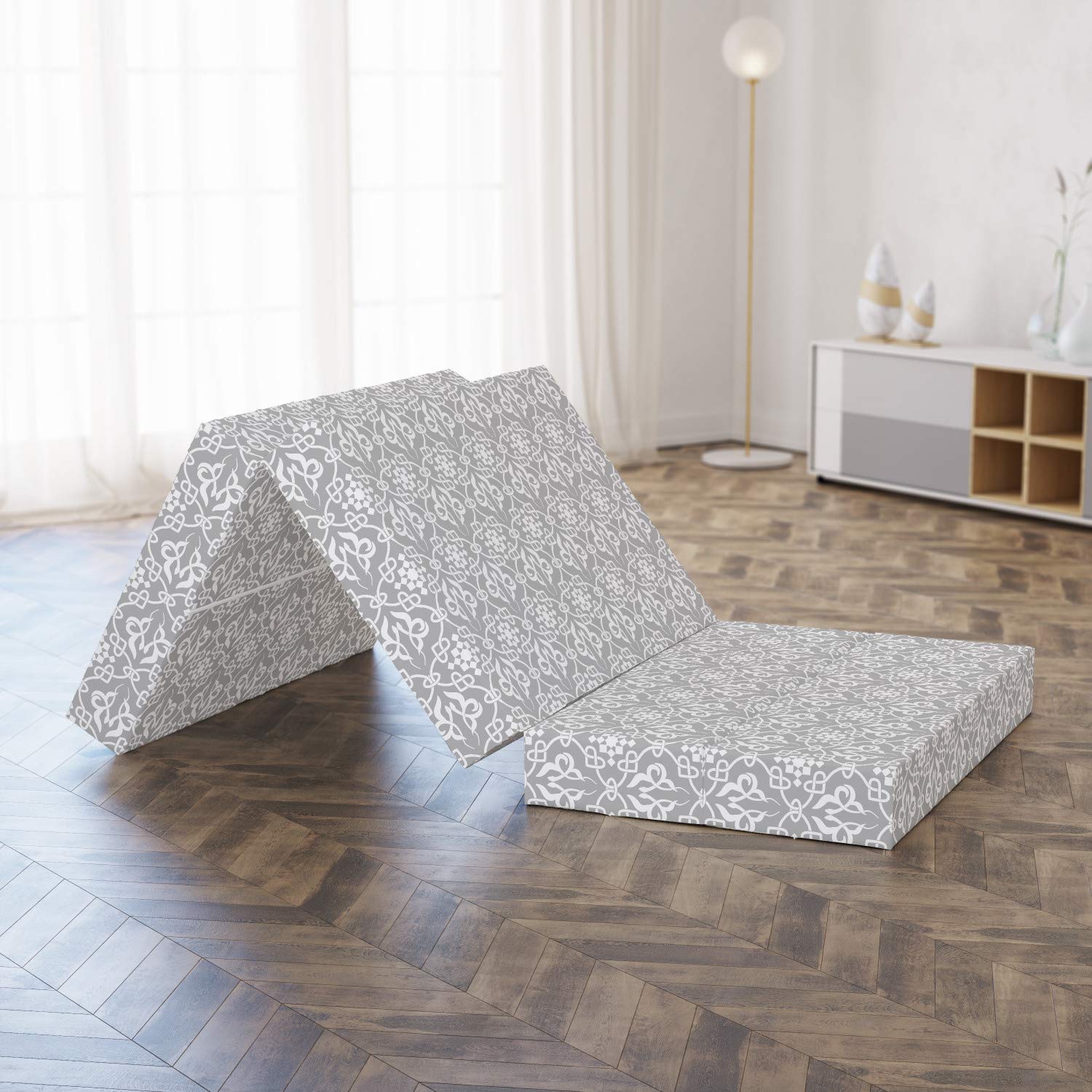 Ambesonne Irish Foldable Mattress - Royal Floral Curves Tile Design, 74.8