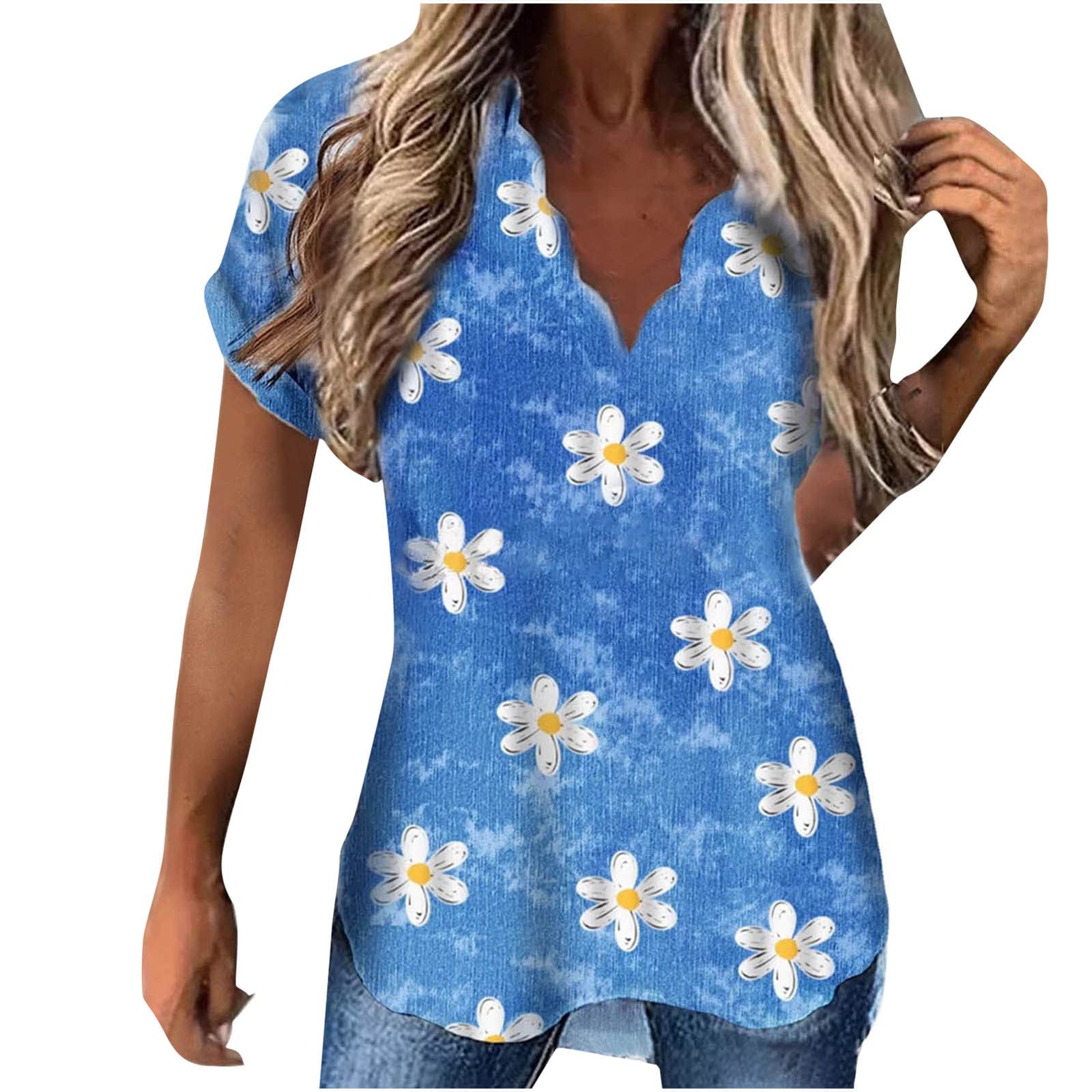 Women's Tie Dye V-Neck Short Sleeve Blouse - Floral Print Color Block Casual Summer T-Shirt | Perfect for Beach Outings, Music Festivals & Boho Chic Style