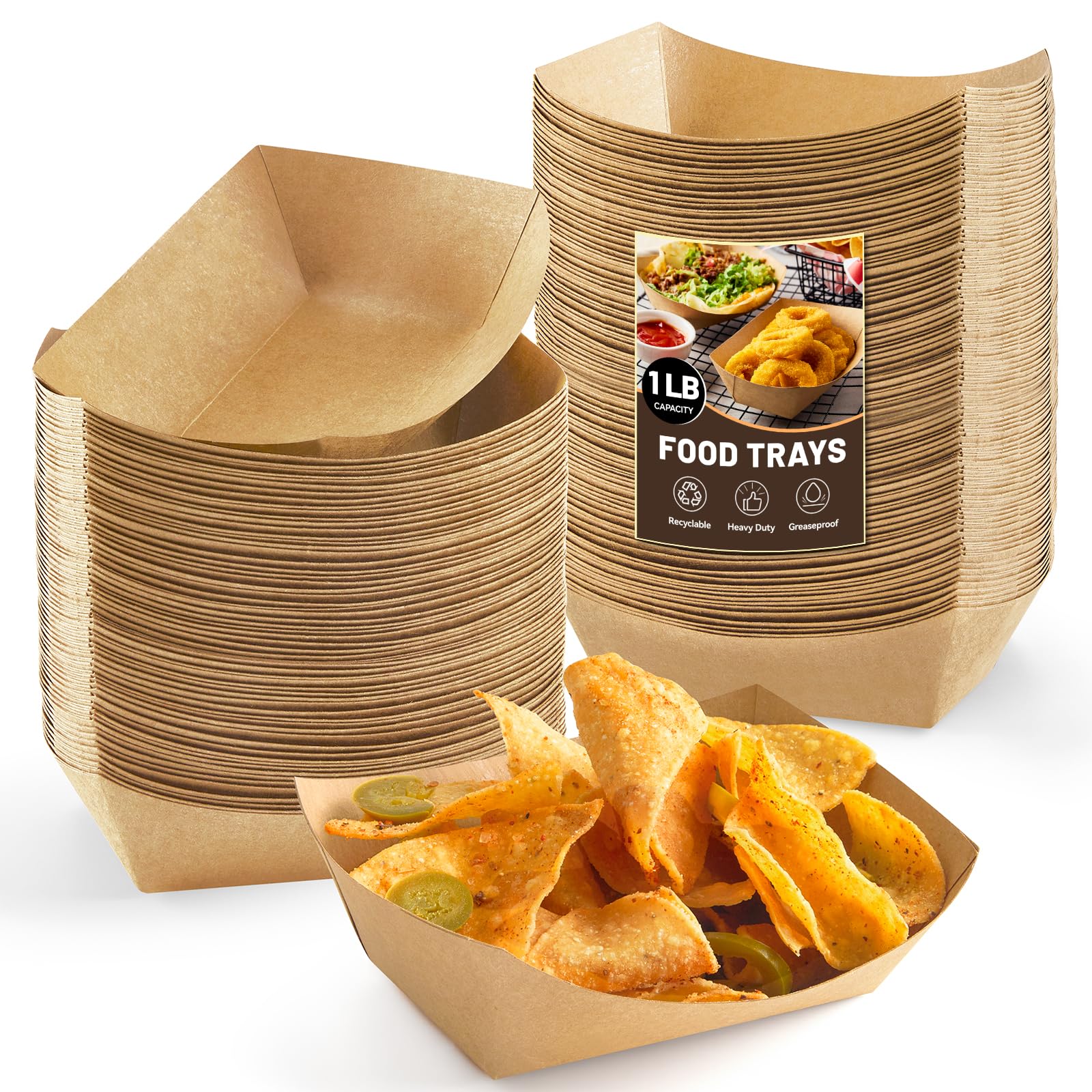 1 Lb Small Paper Food Trays - 100 Pack Disposable Kraft Food Boats, Brown Takeout Serving Baskets for Nachos, Snacks, Tacos, Fries | Perfect for Parties, Catering, Food Trucks & Restaurants
