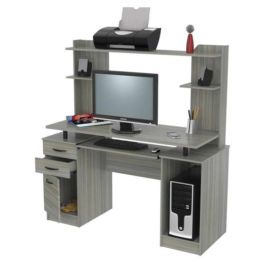 Modern Wooden Computer Desk with Hutch - Smoke Oak Finish for Home Office, Study & Workspace | Pemberly Row Contemporary Work Center