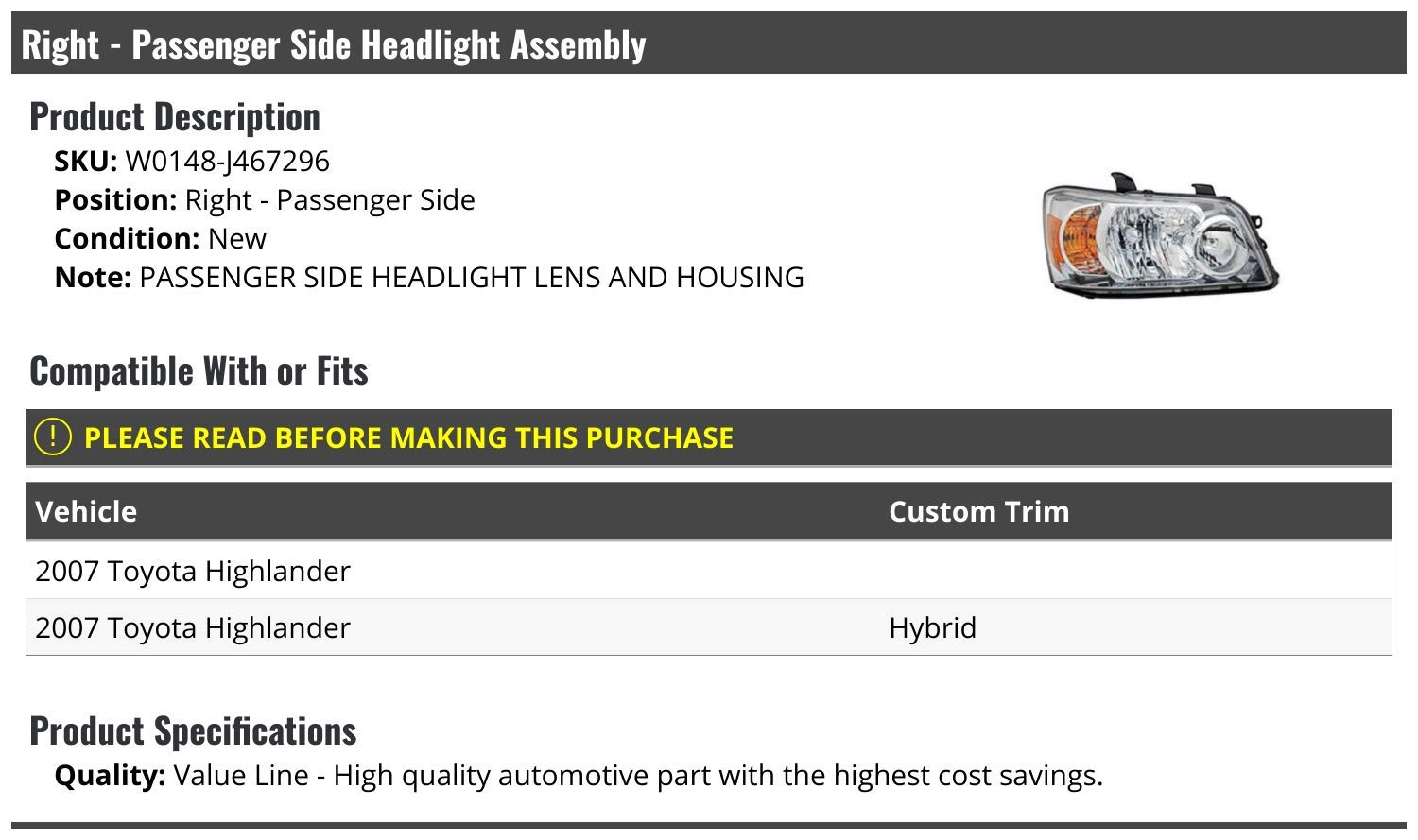 Right Passenger Side Headlight Assembly Compatible with 2007 Toyota Highlander - Replacement Car Headlamp for Night Driving & Foggy Conditions