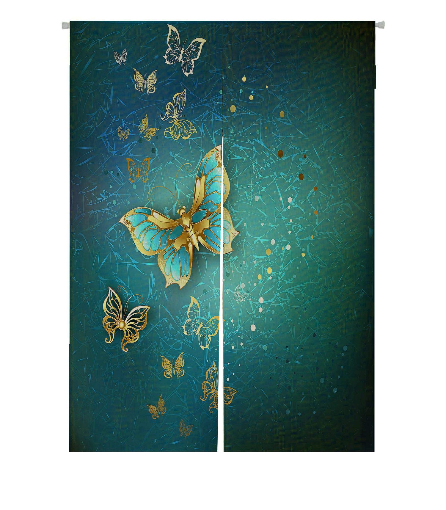 Luxury Gold Butterflies Blue Textured Japanese Noren Curtain - Cotton Linen Doorway Window Treatment (85x120cm) - Perfect for Home Decor, Room Dividers & Asian-Inspired Interiors