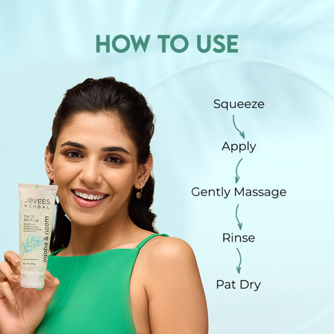 Jovees Herbal Jojoba & Neem Face Scrub with Neem & Wheatgerm Extract - Gentle Exfoliator for Oily to Sensitive Skin - Removes Dead Skin Cells & Reduces Premature Aging Signs - 100g - Perfect for Daily Skincare Routine & Acne-Prone Skin Care