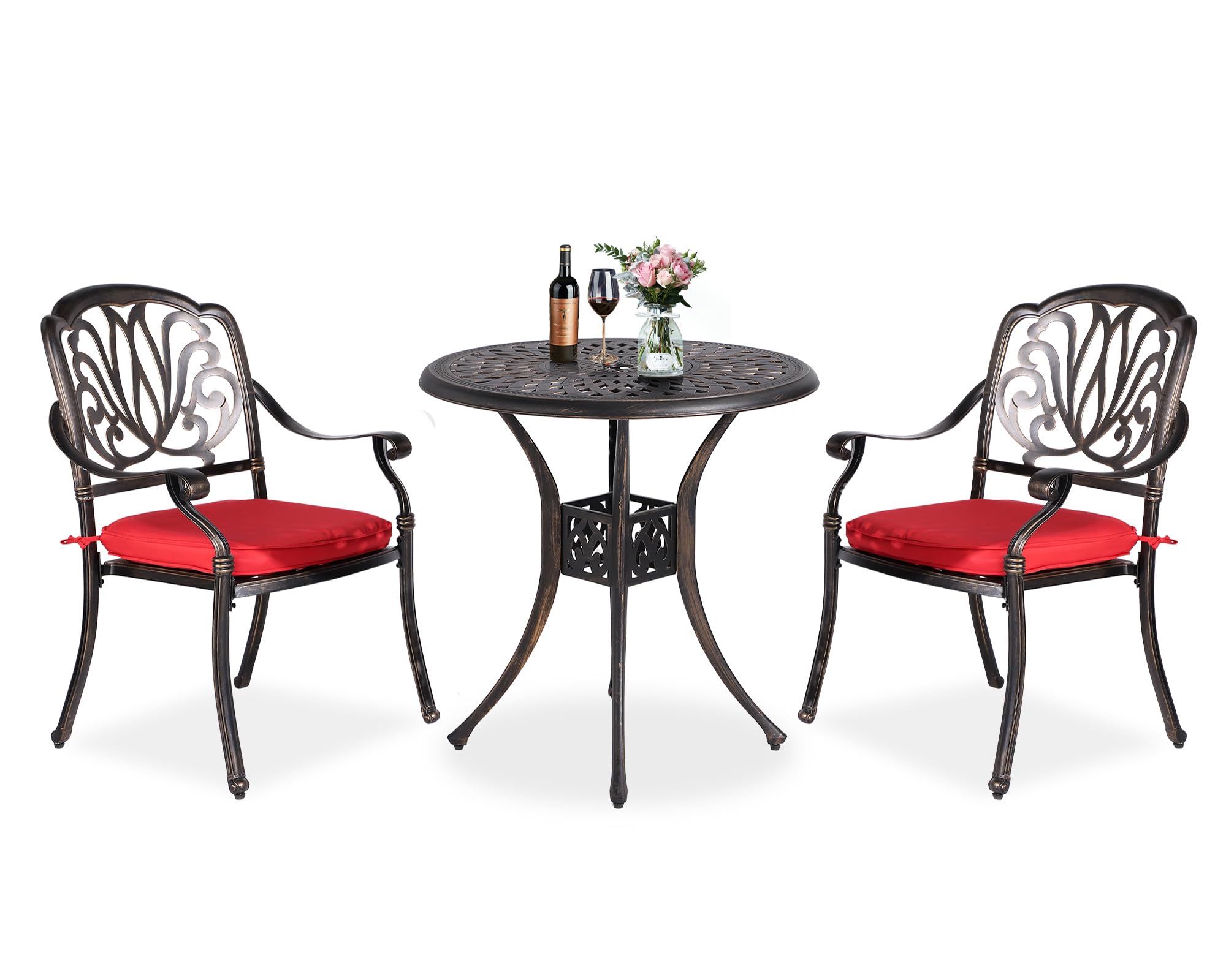 TITIMO 3-Piece Cast Aluminum Patio Dining Set - Outdoor Bistro Furniture with Weather-Resistant Table & Chairs, Cushions & Umbrella Hole - Perfect for Garden, Backyard, Poolside & Outdoor Entertaining (Red)
