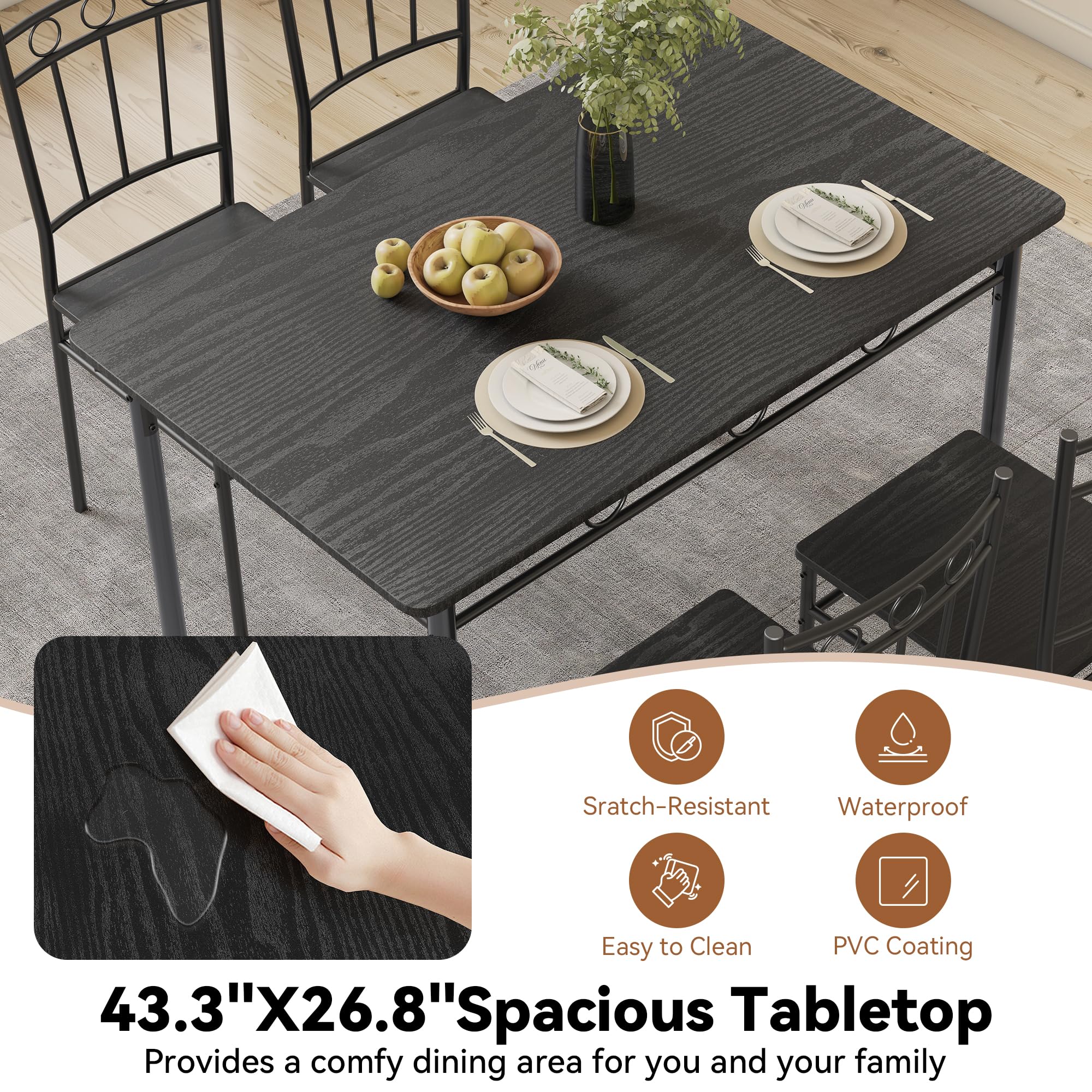 5-Piece Retro Black Dining Table Set for 4 - Rectangular Kitchen Table with 4 Chairs - Space-Saving Apartment Furniture for Small Spaces, Dinettes & Compact Homes - Perfect for Breakfast Nooks, Studio Apartments & Cozy Dining Areas