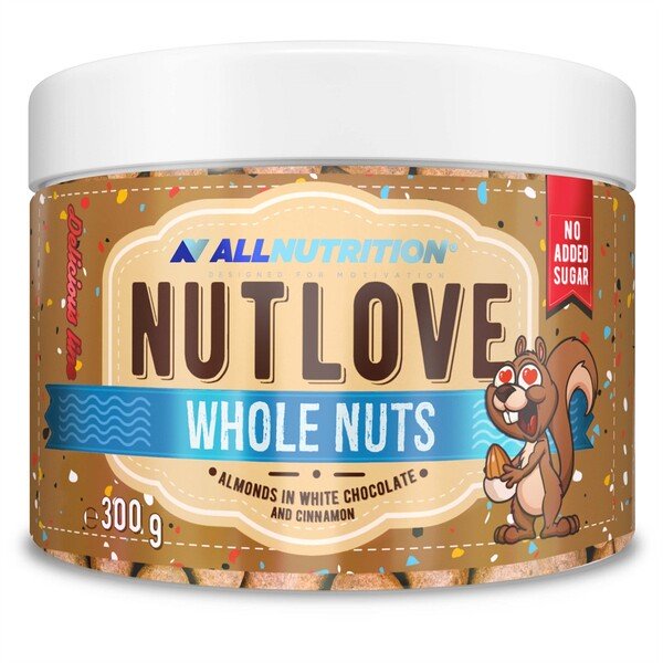 Allnutrition Nutlove Whole Nuts - Almonds in White Chocolate & Cinnamon (300g) | Healthy Snack for Workouts, Office & Travel | Premium Protein-Rich Nut Mix