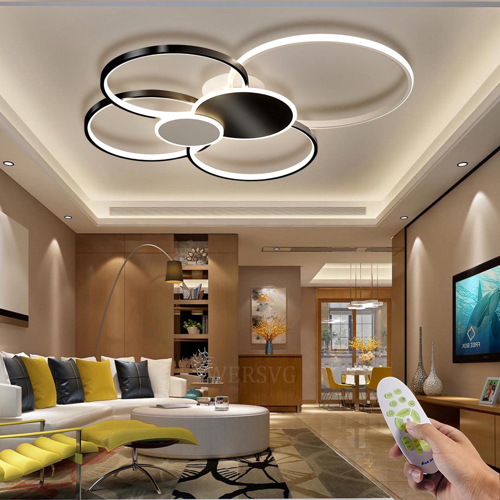 Modern 6-Ring LED Ceiling Light 95W 7840LM Dimmable 3500K-6500K with Remote Control - Black 100cm Round Hall Lamp for Living Room, Bedroom, Kitchen & Dining Room - Perfect for Ambient Lighting and Home Decor
