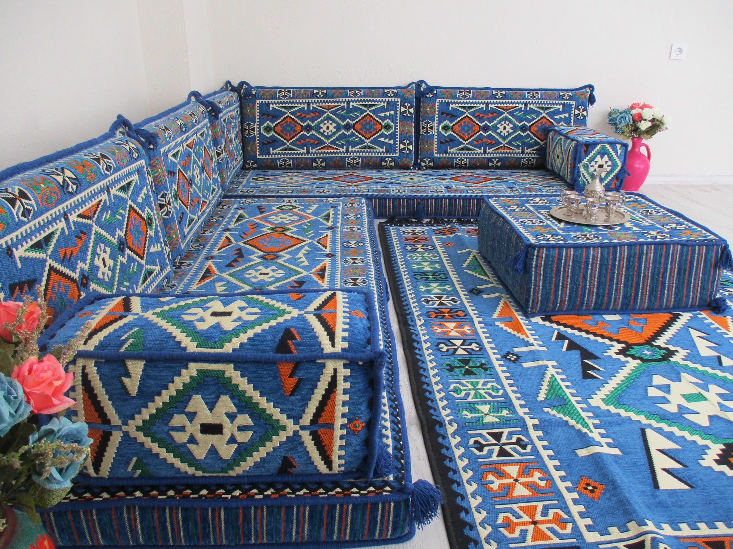 L-Shaped Arabic Majlis Sofa for Living Room - Traditional Corner Jalsa Seating with Cushions | Modern Arabic Couches & Loveseat for Home Decor | Perfect for Family Gatherings & Cultural Events