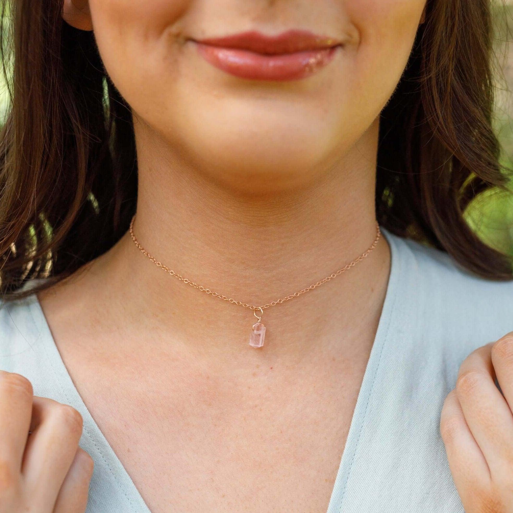 Rose Quartz Mini Double Terminated Crystal Point Pendant Choker Necklace - Natural Healing Stone Jewelry for Women, Spiritual Gift, Boho Chic Accessory for Meditation, Yoga & Energy Healing