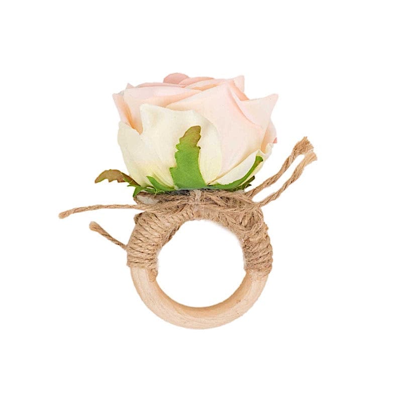 4 Pack Round Wooden Napkin Rings with Jute & Silk Rose Flowers - Natural & Blush Colors for Wedding, Party & Home Decor Table Setting