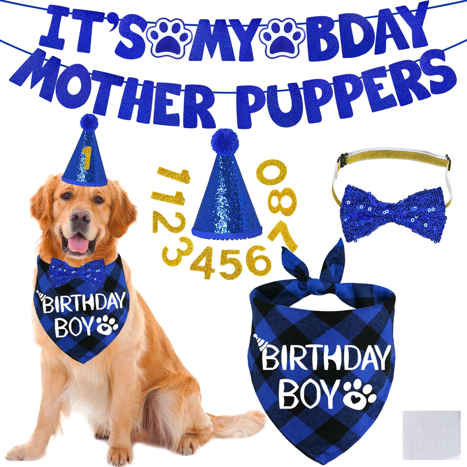 STMK Dog Birthday Party Decorations Set - Adjustable Birthday Hat, Bandana, Bow Tie, Banner & Number Signs for Large & XL Dogs - Perfect for Puppy Birthday Celebrations & Pet Parties (X-Large, Blue)