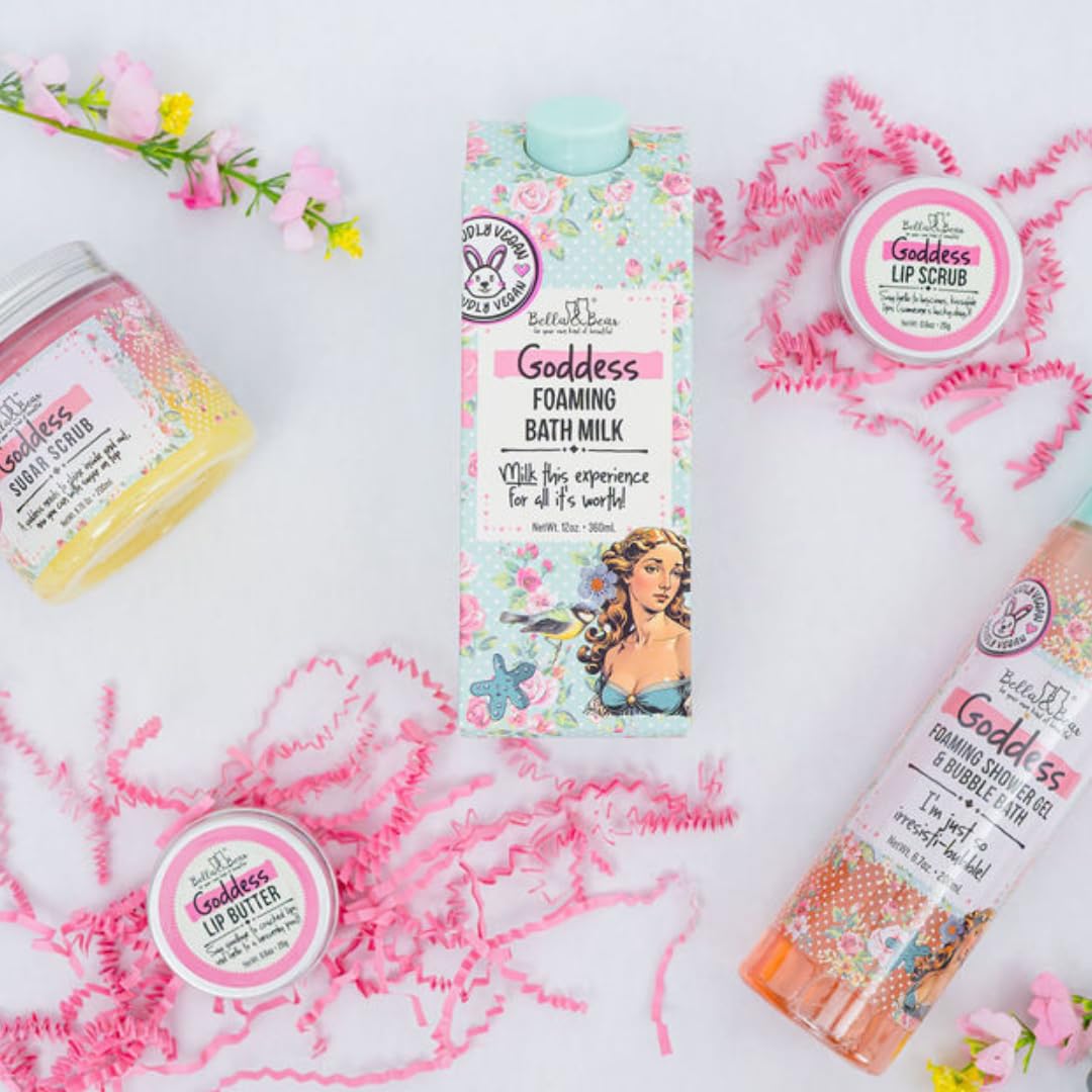 Bella & Bear Goddess Mega Bath & Body Gift Set - Foaming Shower Gel, Bubble Bath, Bath Milk, Body Scrub, Lip Scrub & Lip Butter - Perfect Gift for Women, Teens & Tweens - Spa Day, Self-Care & Relaxation at Home