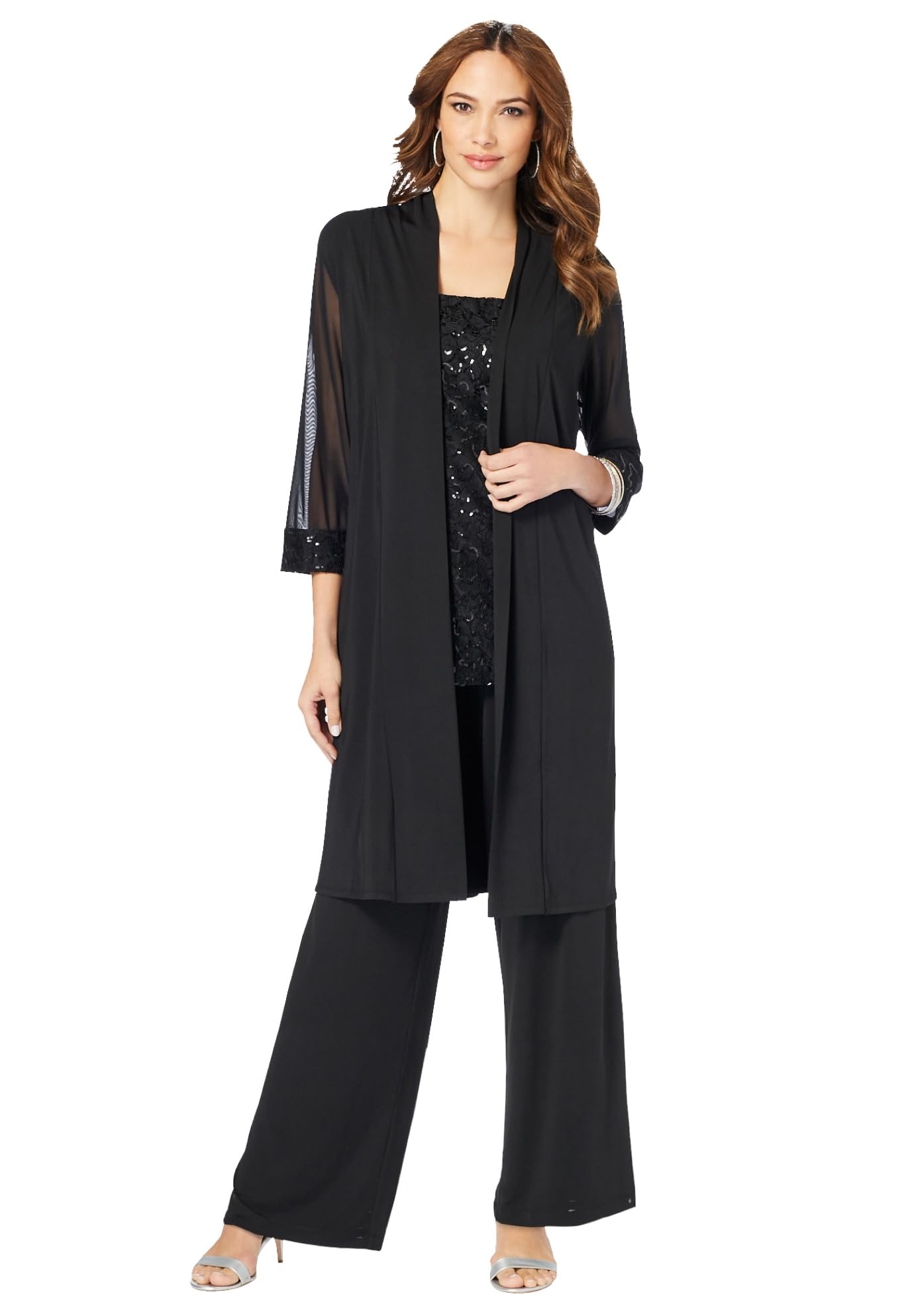 Roaman's Women's Plus Size Ultrasmooth Sequin Duster Pant Set - Elegant Evening Outfit for Parties, Weddings & Special Occasions