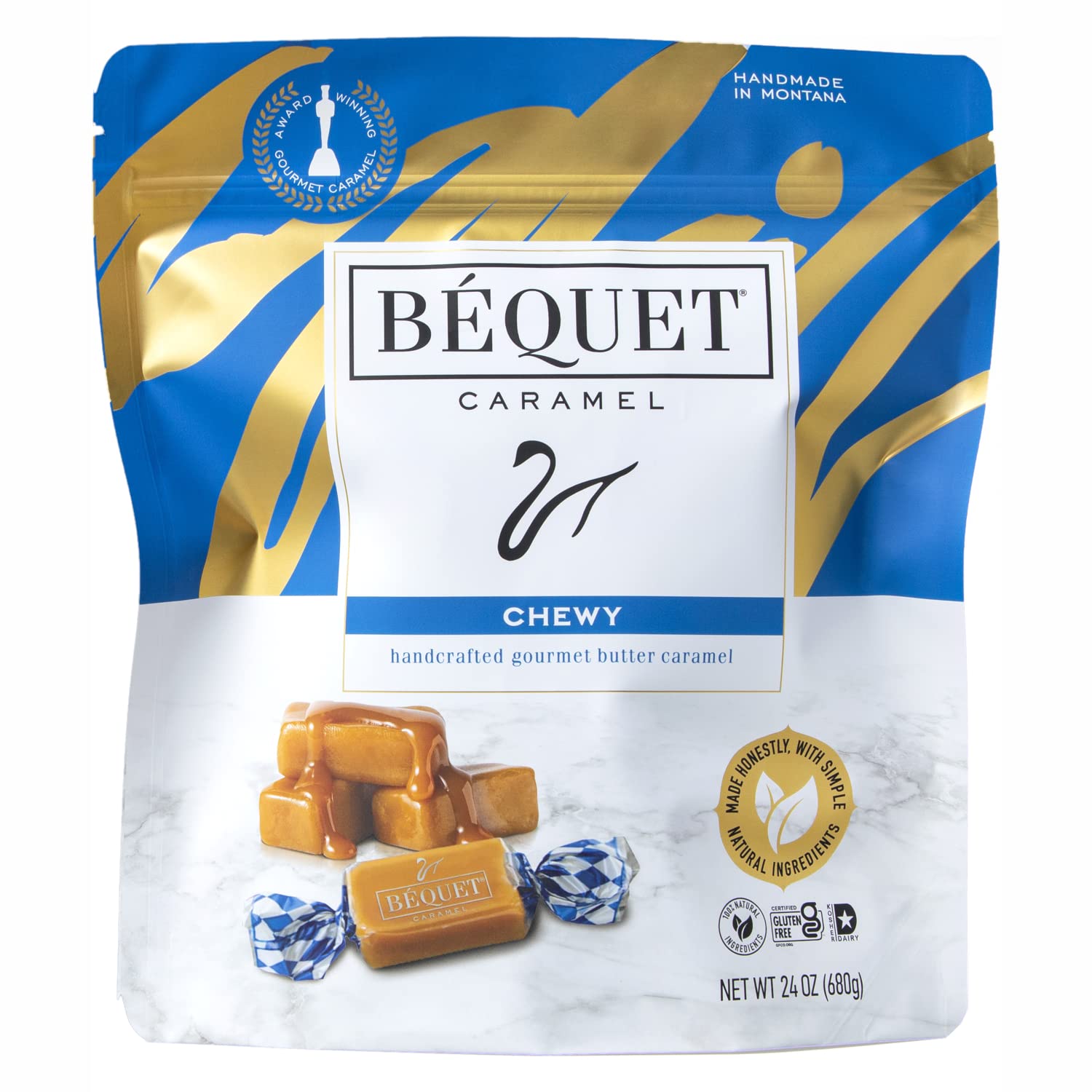 Béquet Gourmet Chewy Caramel Candy - Individually Wrapped Kosher & Gluten Free - 24oz Resealable Pouch - Perfect for Gifts, Parties & Snacking - Made in Montana USA
