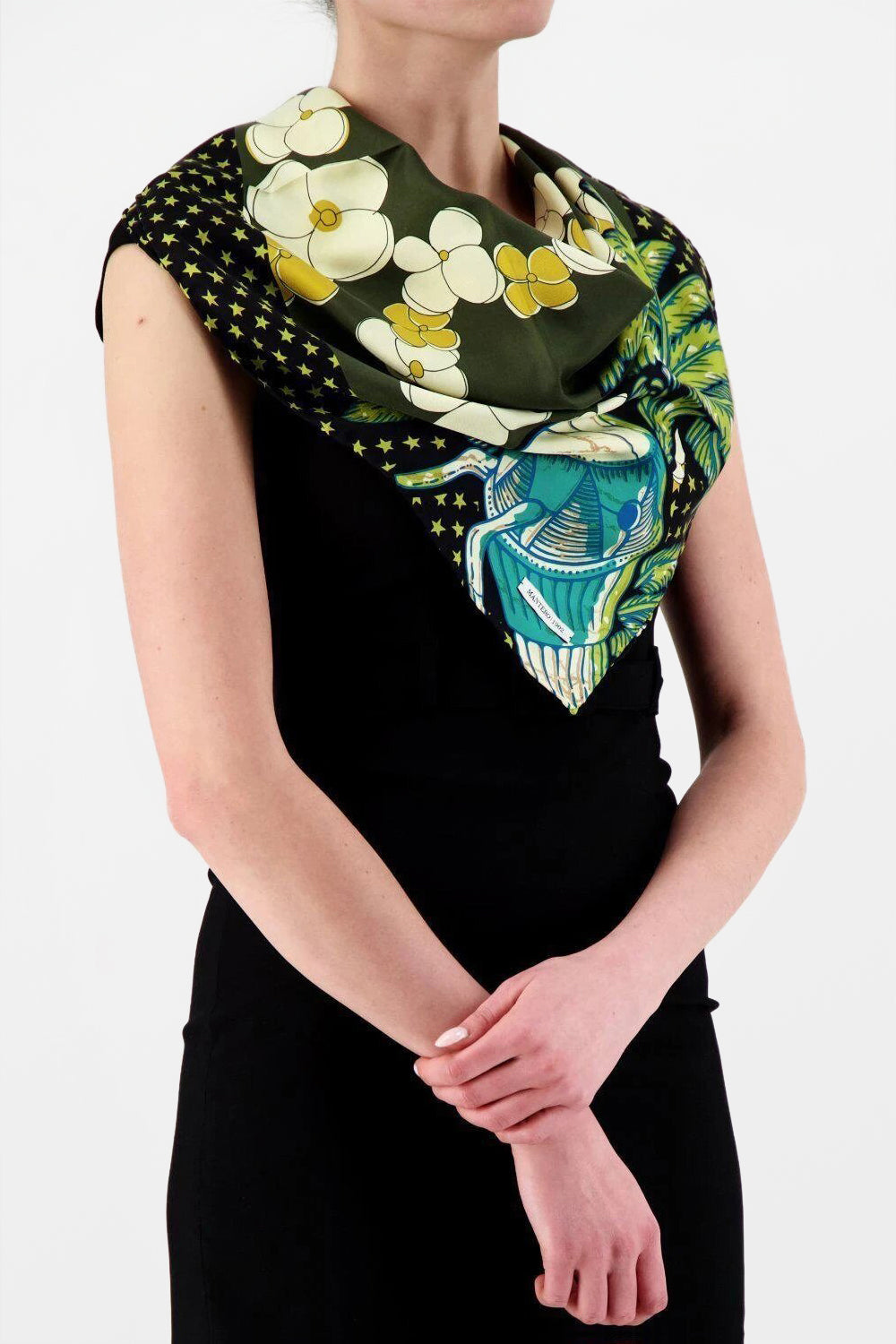 Mantero Green Rio Vibes 1 - Stylish Women's Silk Scarf with Tropical Floral Print - Perfect for Beach Vacations, Summer Outfits & Gift Giving