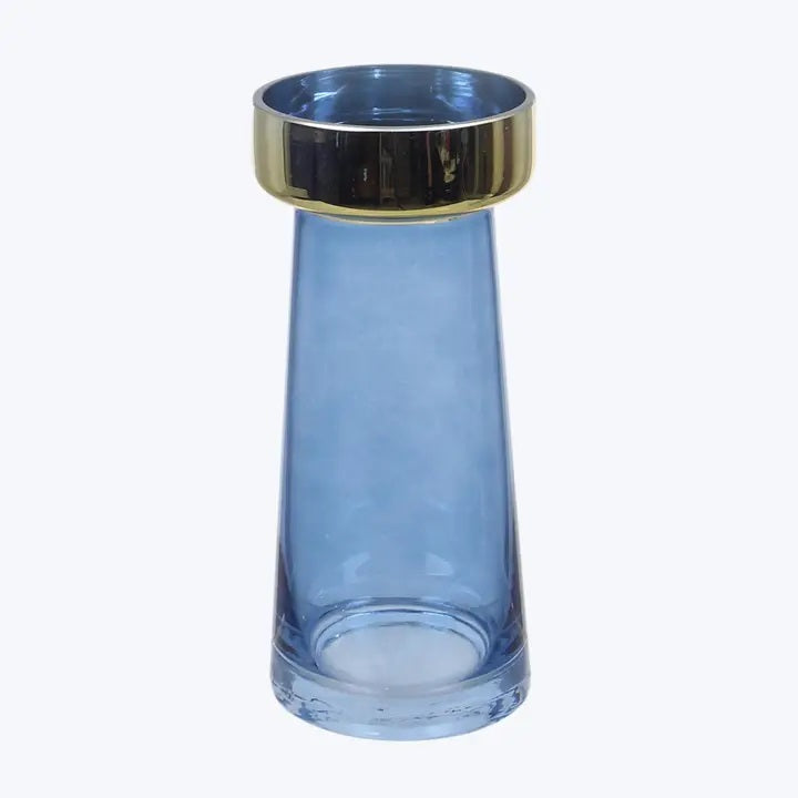 Elegant Blue Glass Vase with Metallic Rim - Perfect for Home Decor, Wedding Centerpieces & Floral Arrangements