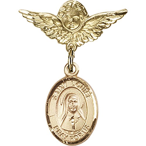 Gold Filled Baby Badge Pin with St. Louise de Marillac Charm & Angel Wing Charm - 1 X 3/4 Inch - Perfect for Christening Gifts, Baby Showers & Religious Keepsakes
