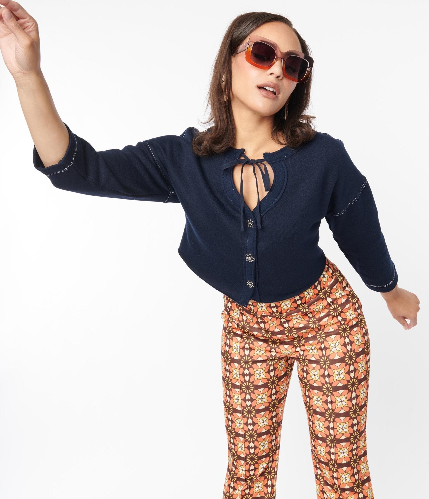 Navy Blue Floral Button Up Cropped Petunia Cardigan for Women - Perfect for Spring Outfits, Casual Wear & Layering