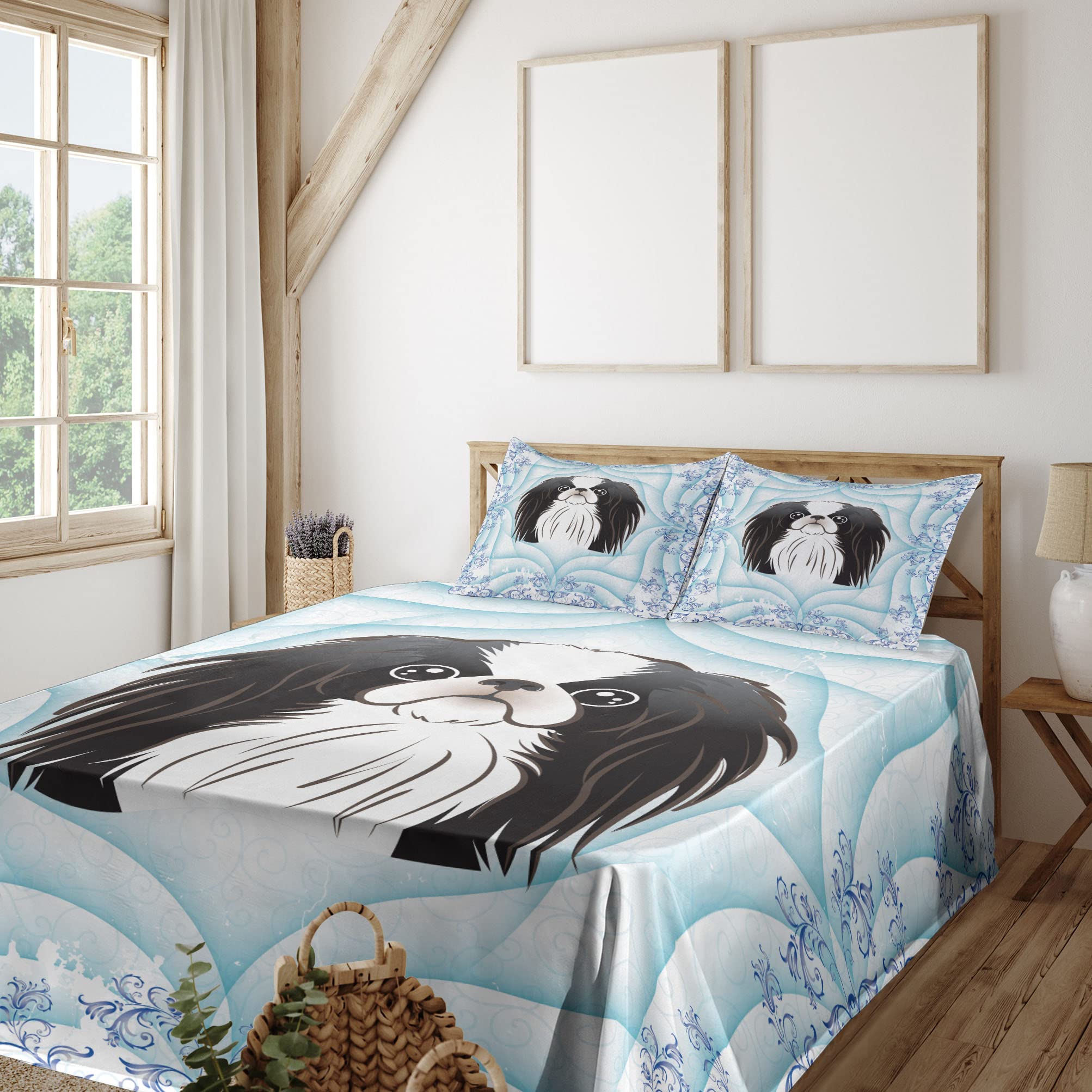 Ambesonne 4-Piece Dog Sheet Set - Funny Cartoon Puppy Floral Design Fitted & Flat Sheets with Pillowcases, King Size Pale Blue Lavender Bedding | Perfect for Pet Lovers' Bedrooms, Guest Rooms & Kids' Rooms