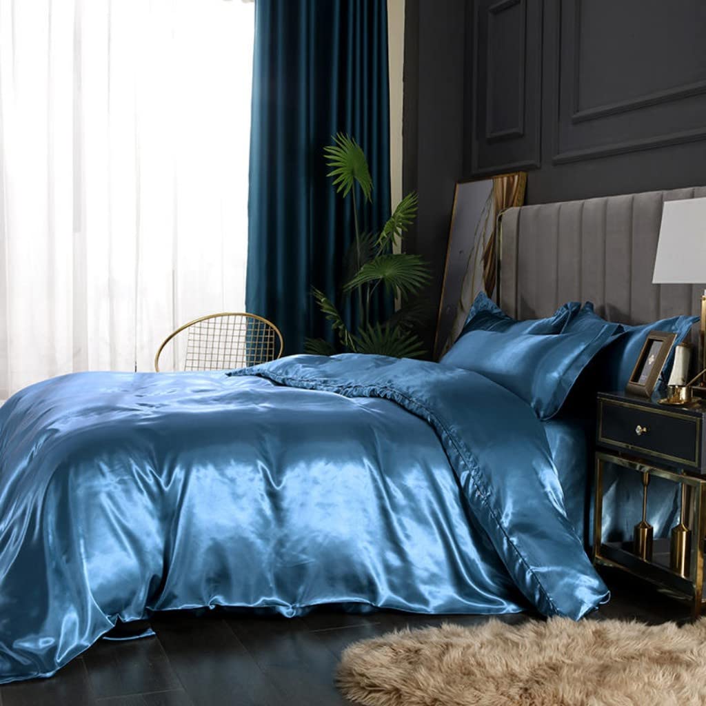 Luxury Blue Satin Bedding Set Full Size - Soft Silky Duvet Cover with Zipper Closure + 2 Pillowcases - Elegant Bedroom Decor for Women & Girls - Perfect for Master Bedrooms, Guest Rooms & Luxury Hotels