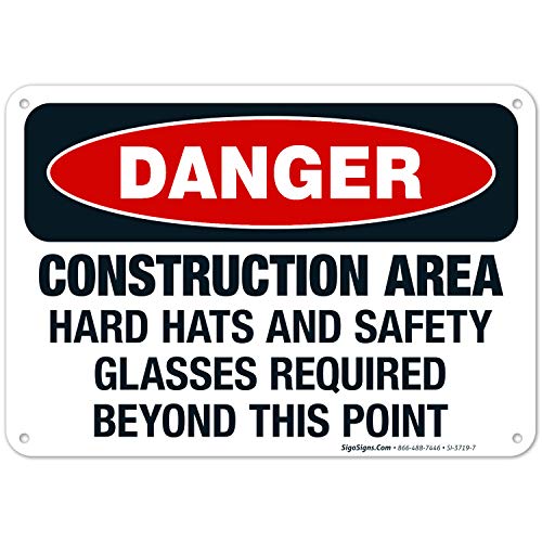 OSHA Compliant Construction Hard Hats & Safety Glasses Required Sign - 10x7 Inch Rustproof Aluminum - Fade Resistant for Indoor/Outdoor Use - Made in USA by Sigo Signs - Perfect for Job Sites, Factories & Hazard Zones
