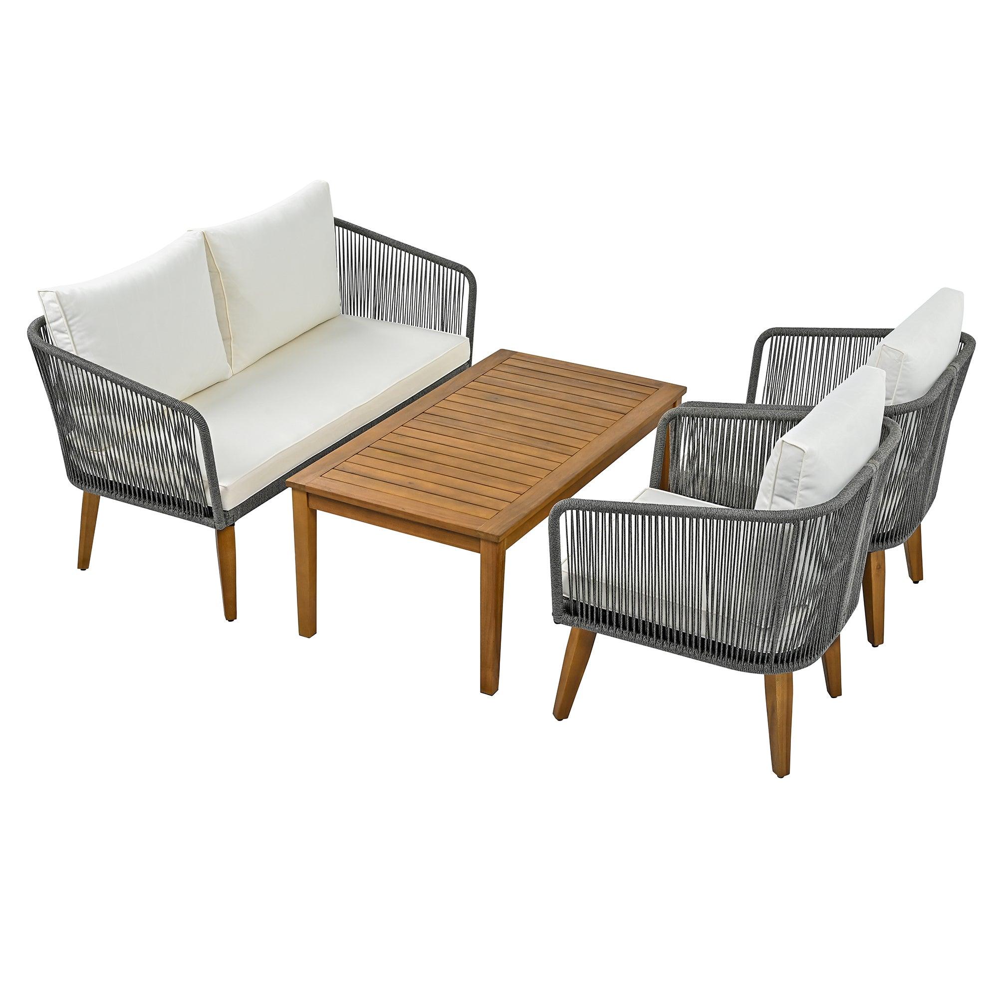 4-Piece Outdoor Patio Furniture Set with Loveseat, Rope Wicker Conversation Set & Cushions - Perfect for Backyard, Garden, Poolside & Outdoor Entertaining