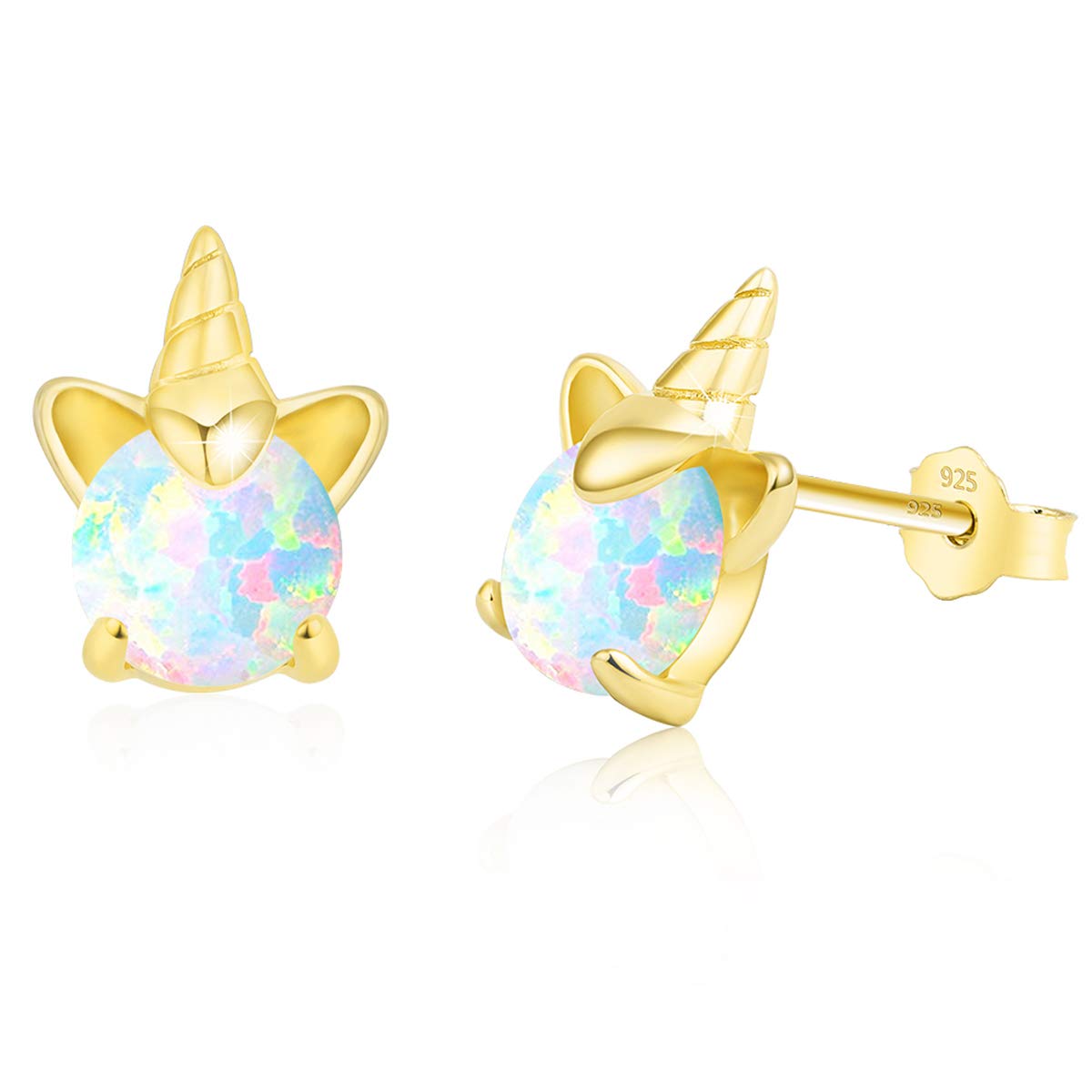 VIKOLY Hypoallergenic S925 Sterling Silver Gold Unicorn Stud Earrings for Girls - Tiny Cute Animal Jewelry with Fire Opal, Perfect Gift for Kids, Teens & Women with Sensitive Ears | Birthday, Christmas & Everyday Wear