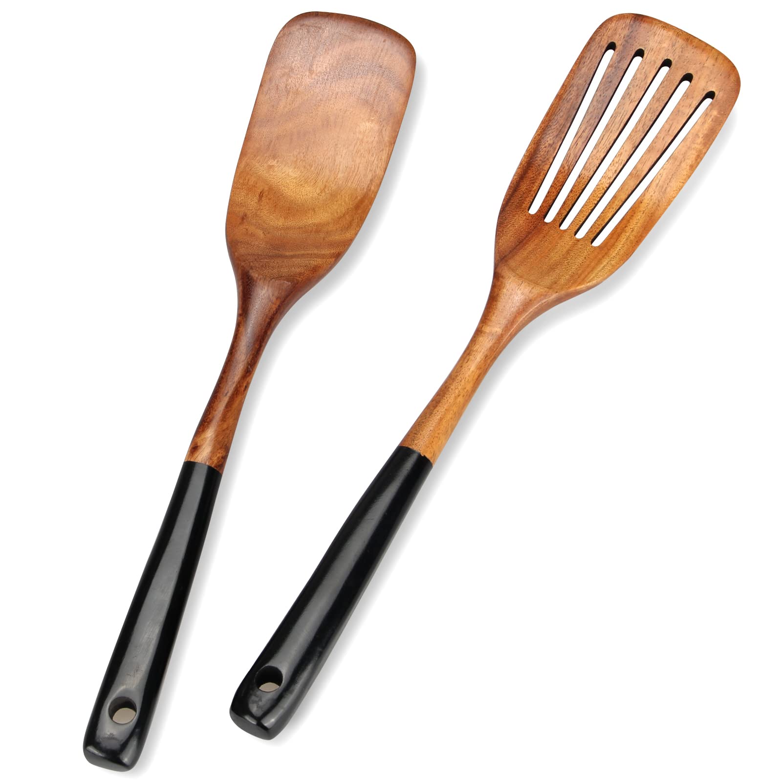 2-Piece Teak Wooden Spatula Set - Non-Toxic Kitchen Utensils for Cooking, Pancake Flipper & Wok Spatula with Slotted & Flat Design - Perfect for Flipping Fish, Eggs & Stirring Sauces (Ideal for Home Kitchen & Outdoor BBQ Use)