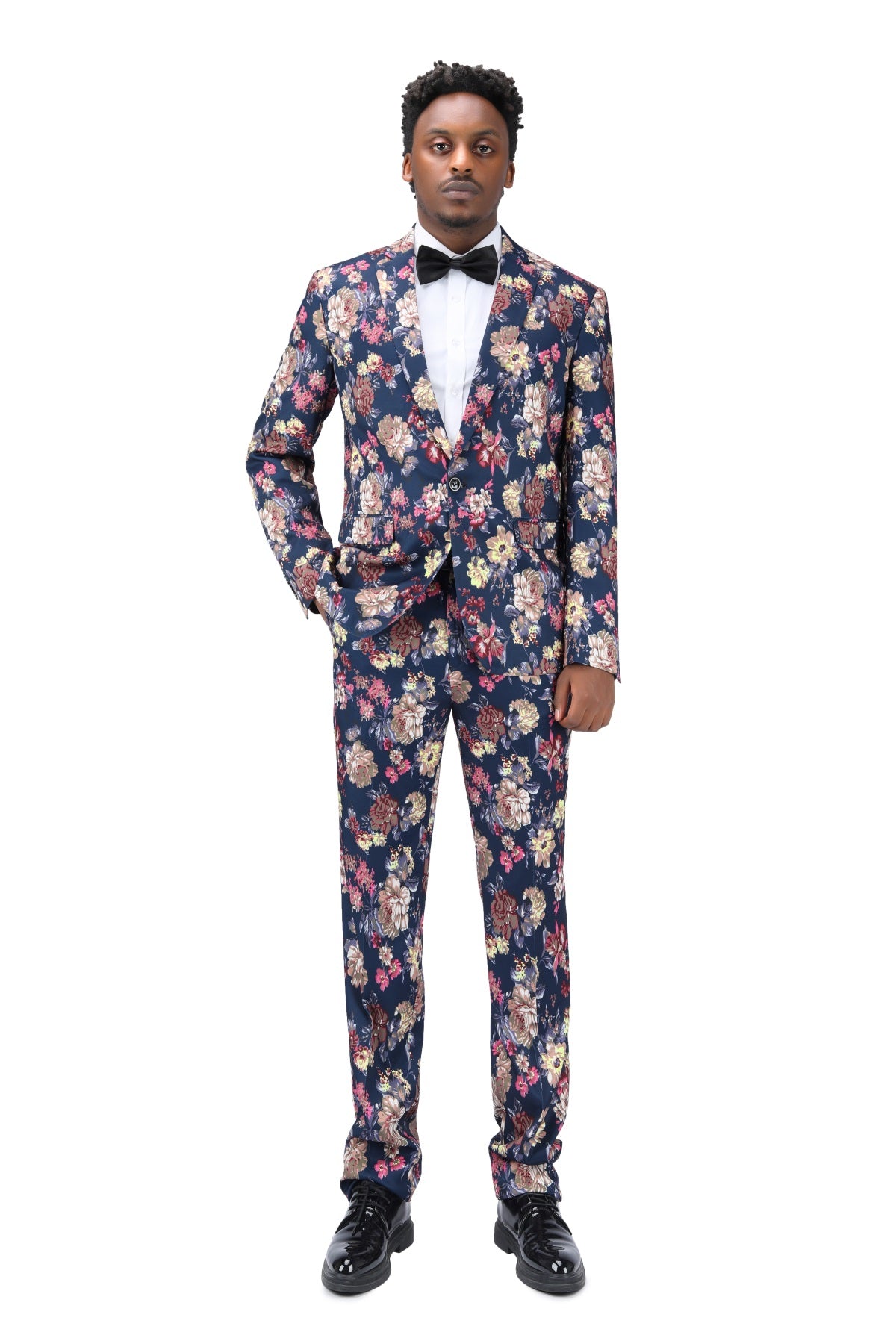 2 Piece Slim Fit Floral Print Suit for Men - Navy Blue Business Formal Wear - Perfect for Office, Wedding & Special Occasions