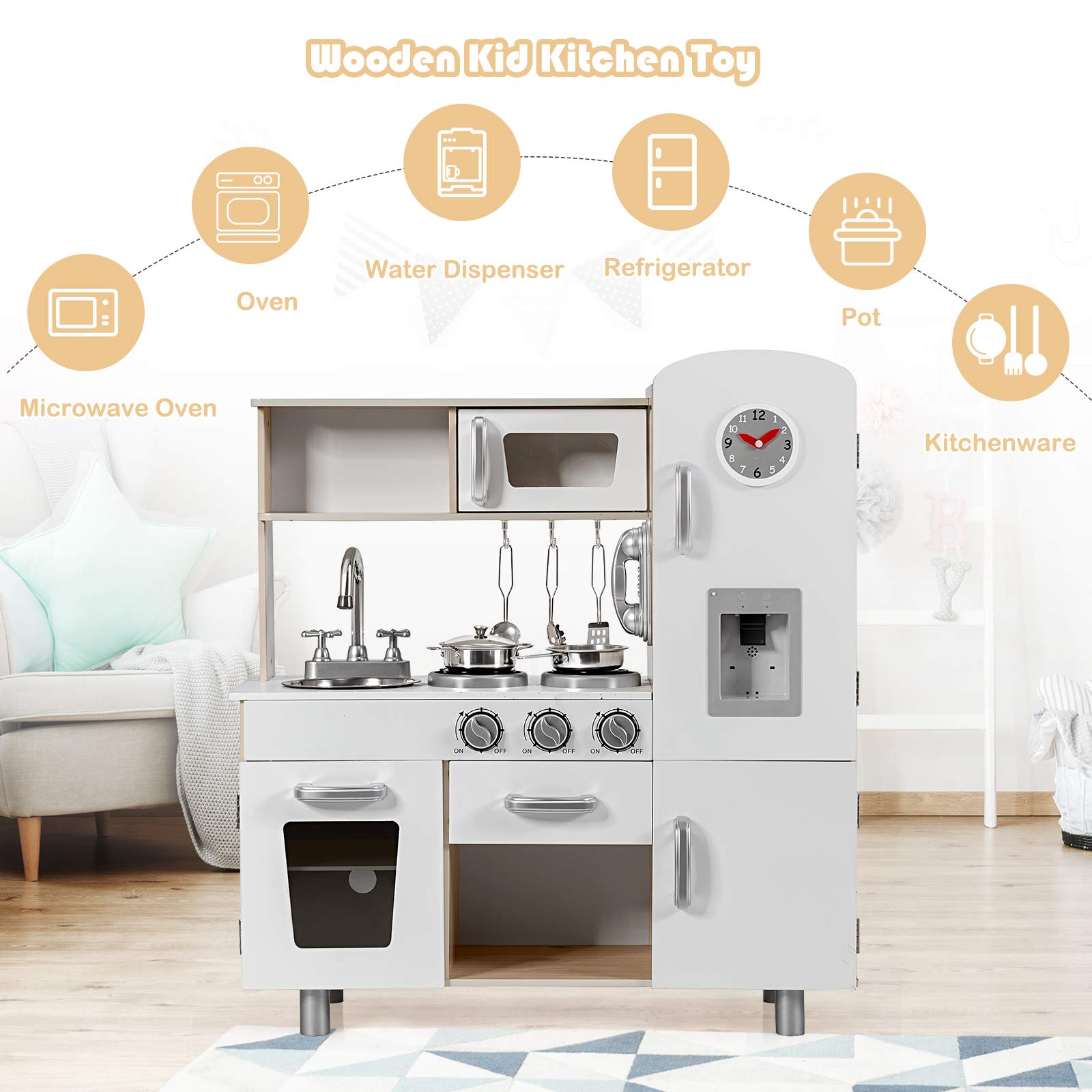 Costzon Wooden Kids Kitchen Playset with Oven, Sink, Cabinets & 20+ Pretend Cooking Accessories - Interactive Learning Toy for Toddlers Age 3+ | Perfect for Pretend Play, Role-Playing & Early Childhood Development (Natural)