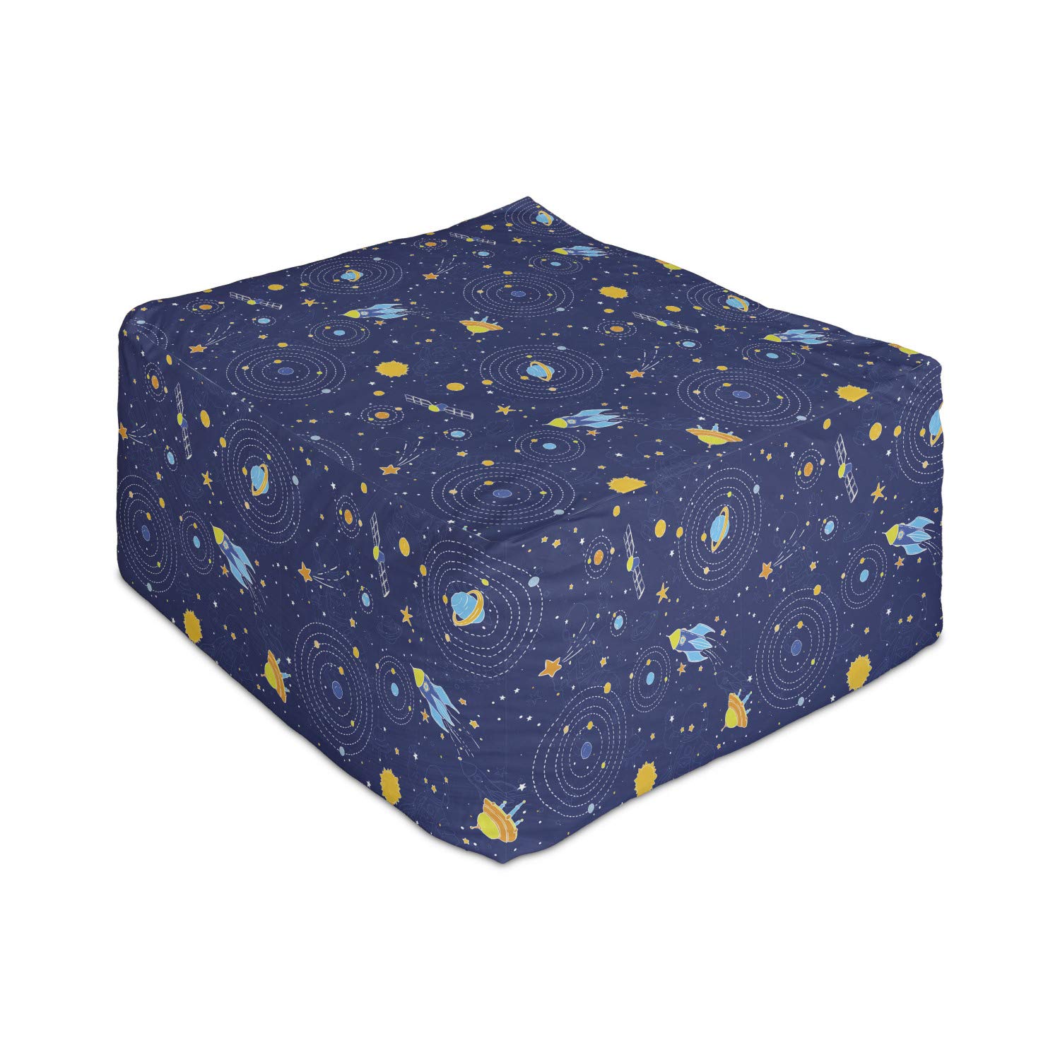 Ambesonne Space Themed Rectangle Pouf Ottoman - Galaxy Shooting Stars Planets Spaceship Comet Moon Fantasy Design - 25 Inch Under Desk Foot Stool for Living Room & Office with Removable Cover - Orange and Dark Blue - Perfect for Home Decor, Gaming Room & Reading Nook