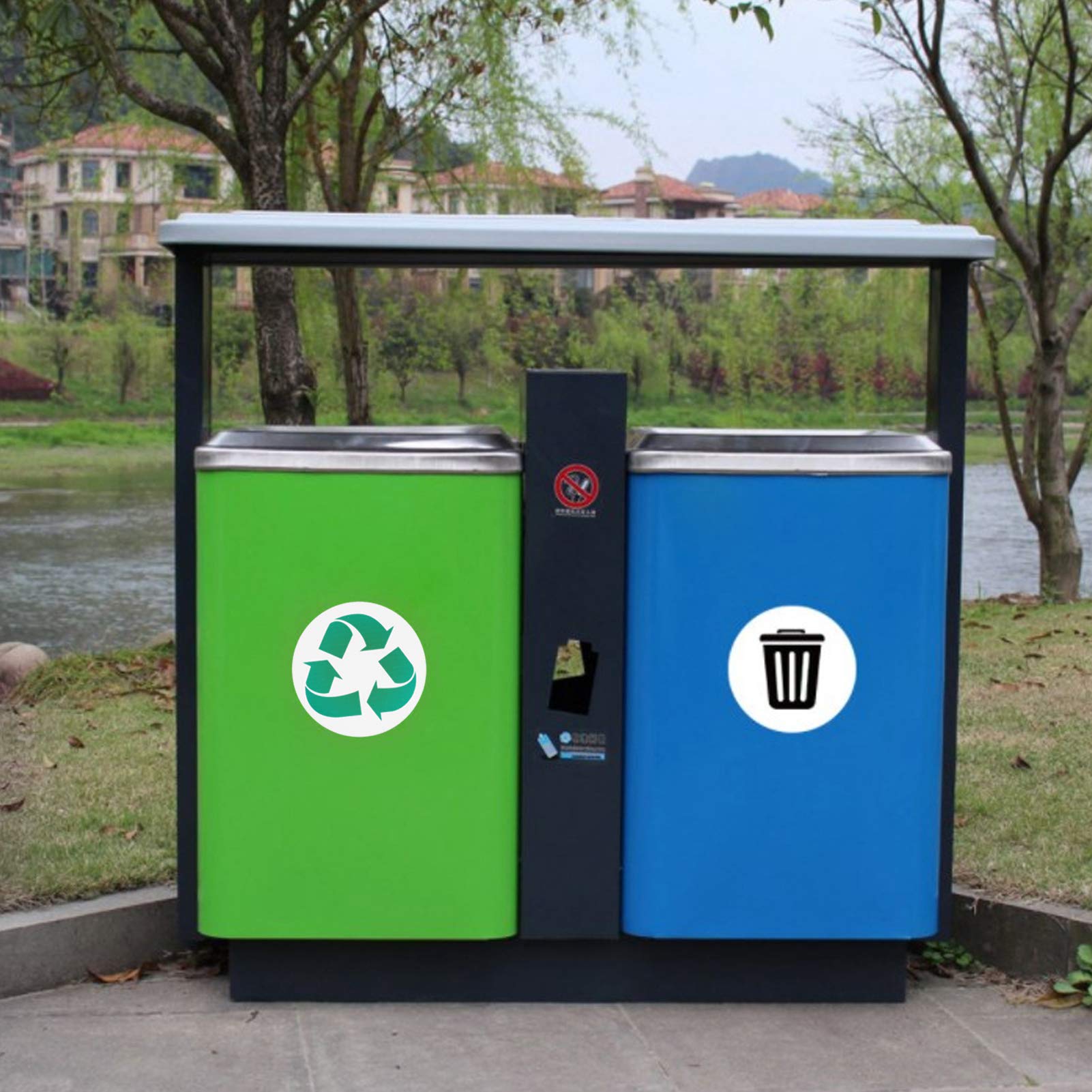 18 Pcs Self-Adhesive Bin Stickers - 9 Trash Can Signs & 9 Recyclable Labels for Waste Sorting | Perfect for Home, Office & Public Recycling Bins