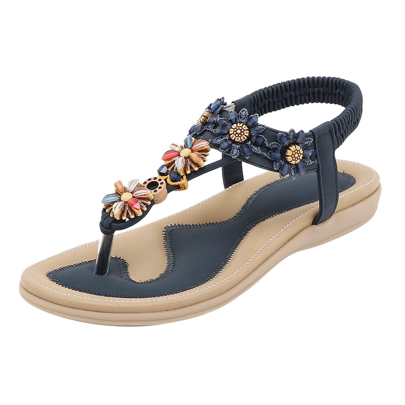 Women's Comfortable Black Sandals Size 38 with Elastic Ankle Strap - Casual Flat Shoes for Walking, Beach, Travel & Everyday Wear