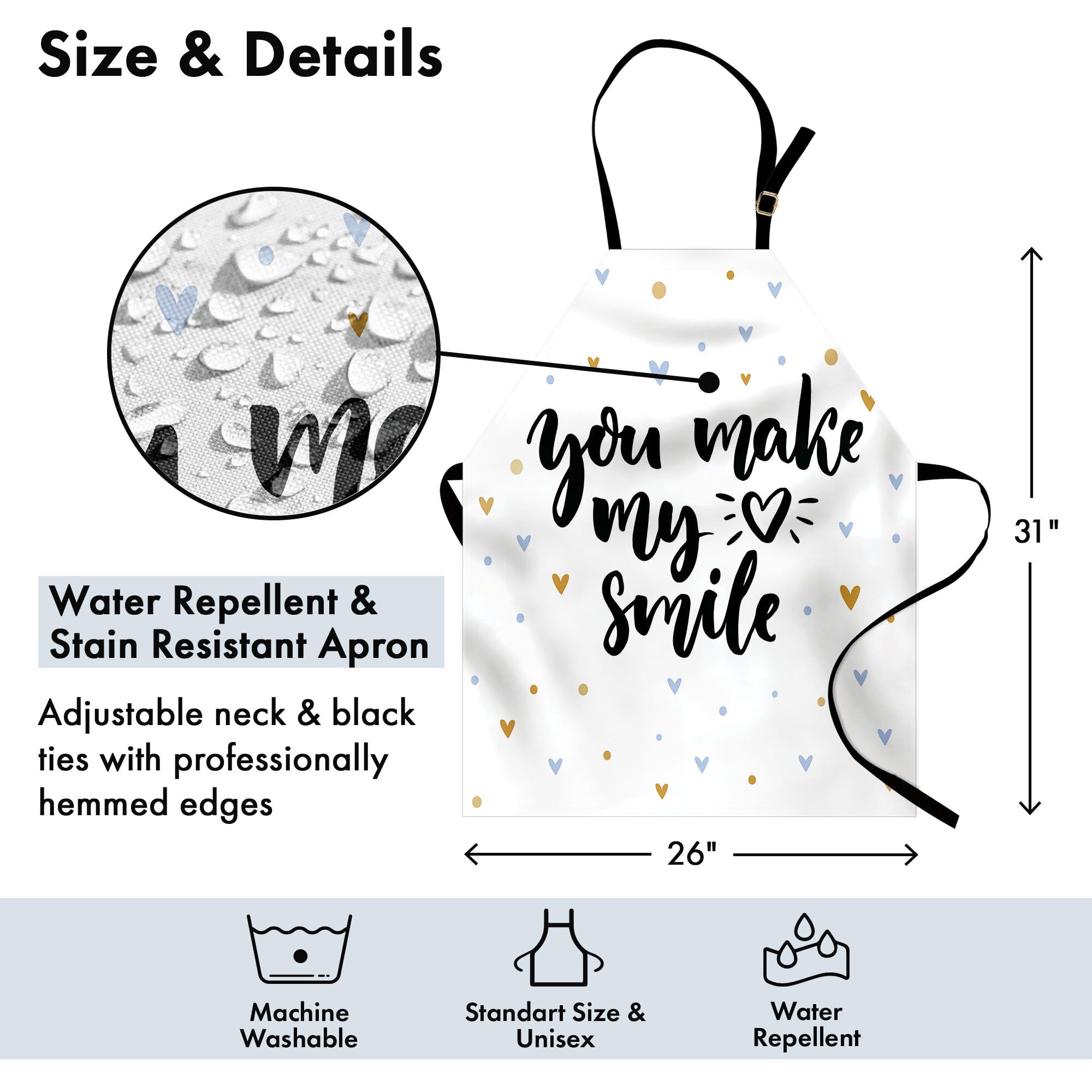 Ambesonne Unisex Kitchen Apron - 'You Make My Heart Smile' Love Lettering Print, Adjustable Neck for Cooking, Baking & Gardening, Adult Size (Black/Blue) - Perfect for Valentine's Gifts, Couples Cooking & Romantic Date Nights