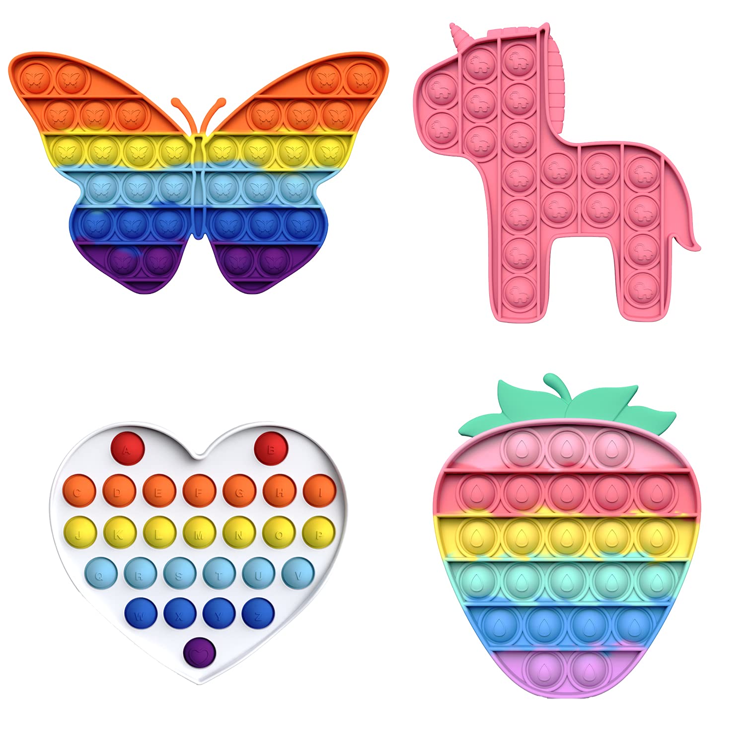**HOOLRO Pop Silicone Stress Relief Fidget Toys - Anti-Anxiety Bubble Sensory Toys for Kids & Adults (Butterfly, Love, Unicorn, Strawberry) - Perfect for ADHD, Autism, Office & Travel Stress Relief**