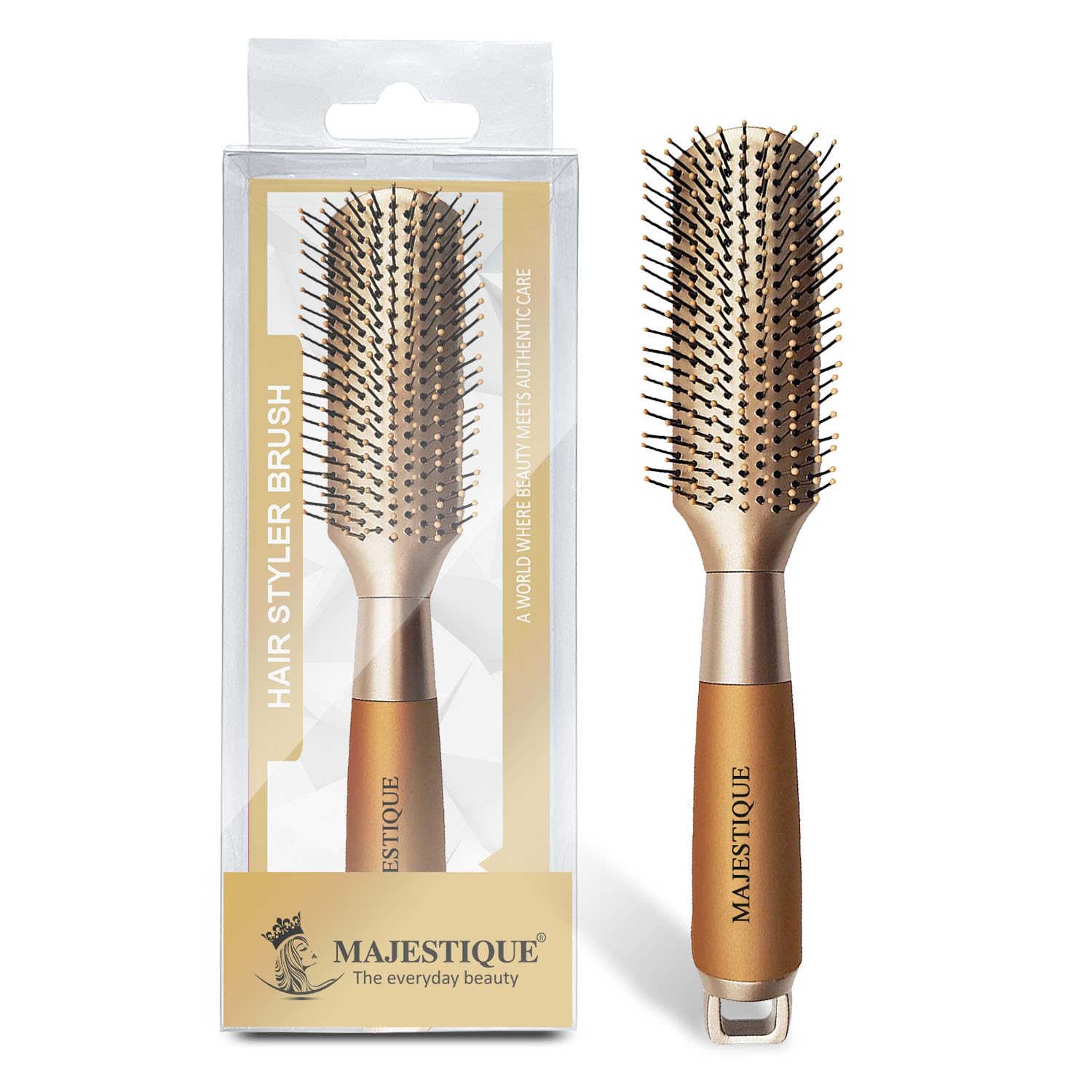 Majestique Premium Golden Series Fusion Vent Hair Brush - Professional Blow Drying & Styling Brush for Men & Women, Detangling Brush for Short Thick Hair, Salon-Quality Hair Straightener | Perfect for Home Styling, Salon Use & Travel