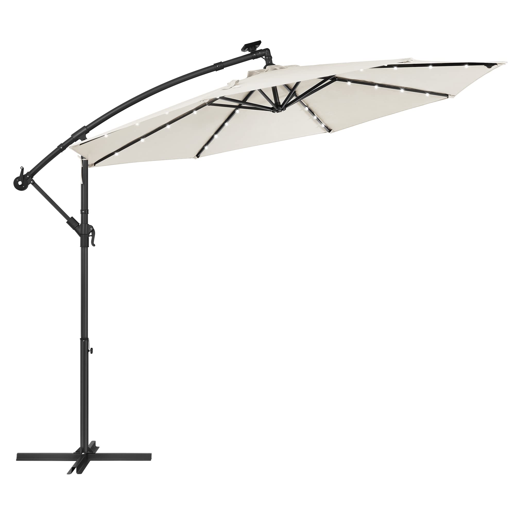 SONGMICS 10 ft Solar LED Cantilever Patio Umbrella with Base - Waterproof Offset Umbrella for Pool, Garden & Deck - Easy Crank Open/Close, UPF 50+ Sun Protection (Beige) - Perfect for Outdoor Dining, Lounging & Backyard Relaxation