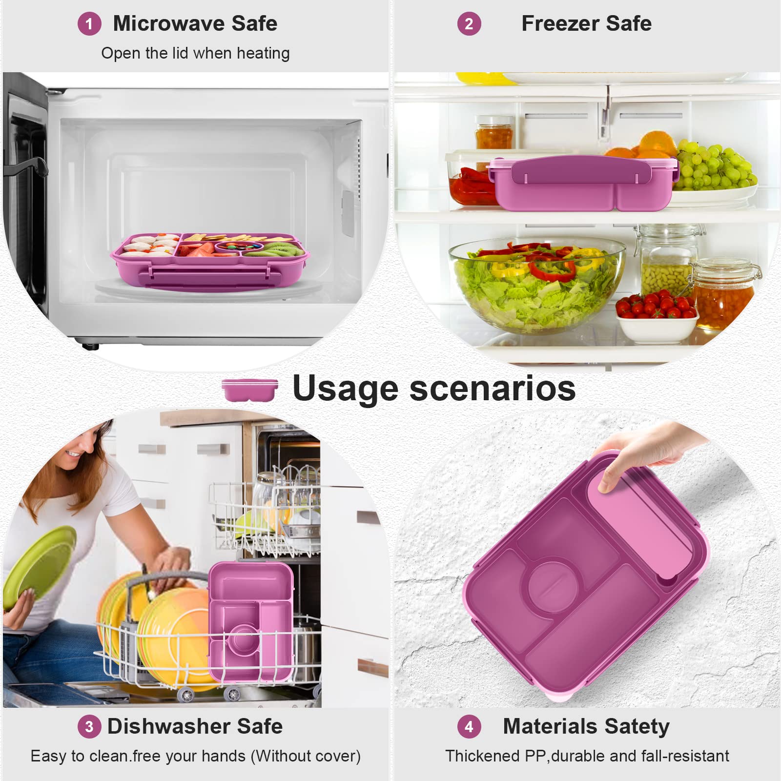 5-Compartment Bento Lunch Box for Adults & Kids with Sauce Containers - Microwave, Dishwasher & Freezer Safe - Ideal for School, Office & Picnics (Purple)