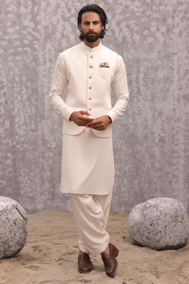 Elegant Blended White Shalwar Kameez with Waist Coat - J. Junaid Jamshed | Pakistani Traditional Outfit for Weddings & Festive Occasions