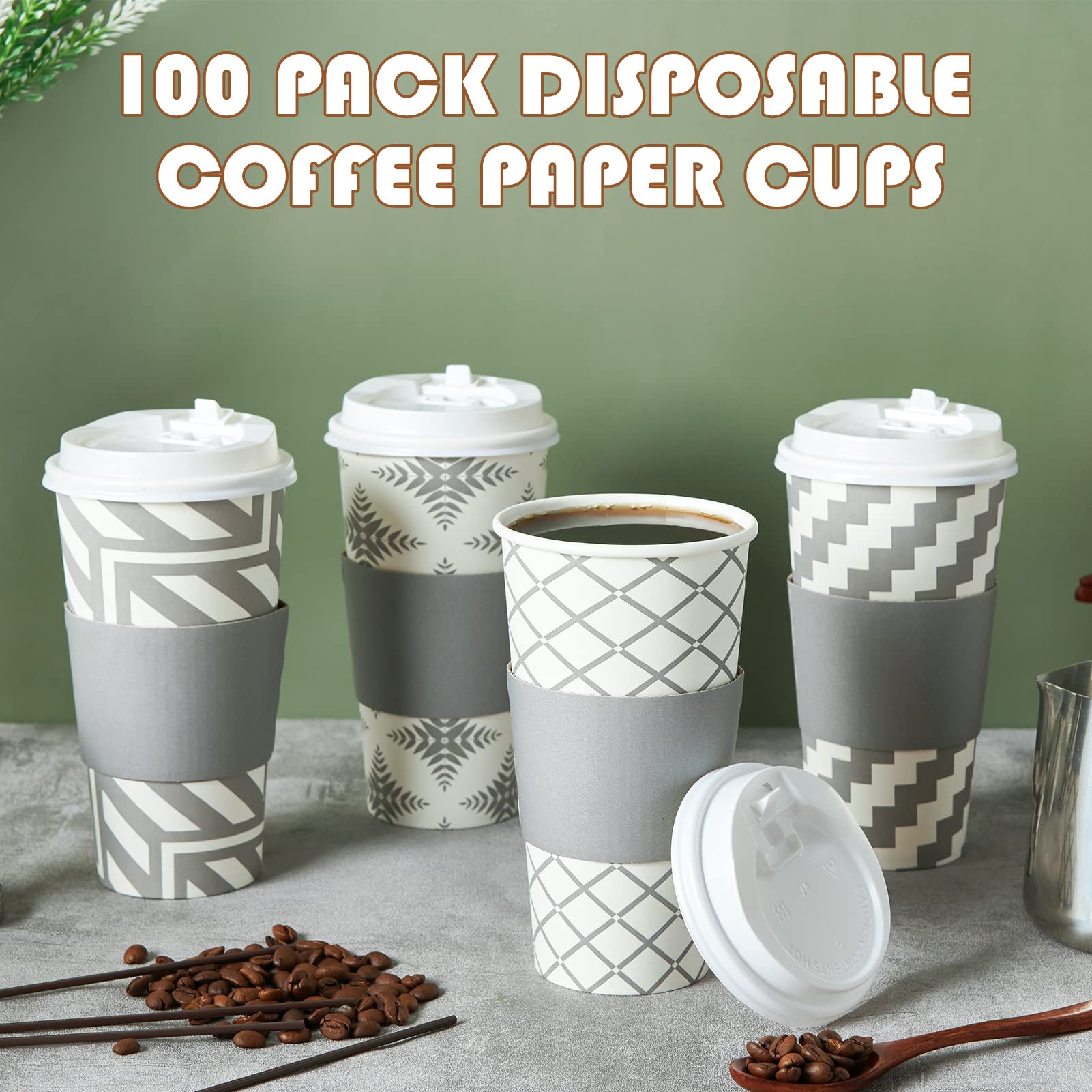 LITOPAK 100-Pack 20 oz Disposable Paper Coffee Cups with Lids, Sleeves & Straws - 4 Stylish Designs for Hot/Cold Beverages - Perfect for Home, Office, Cafe, Restaurant, and Takeout Services