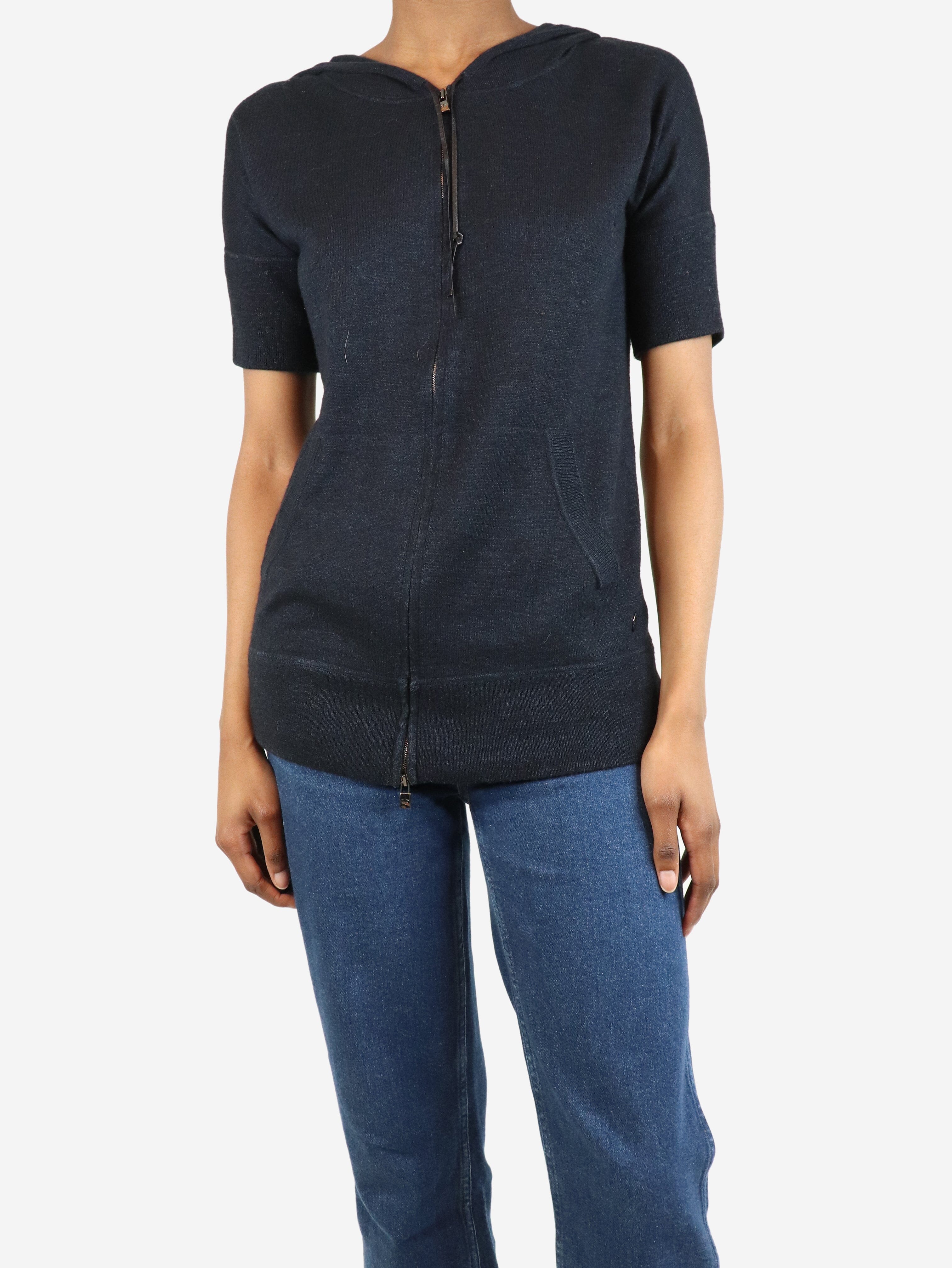 Soft Blue Cashmere Hoodie for Women - UK Size 6 | Cozy Short Sleeve Pullover for Casual Wear & Layering