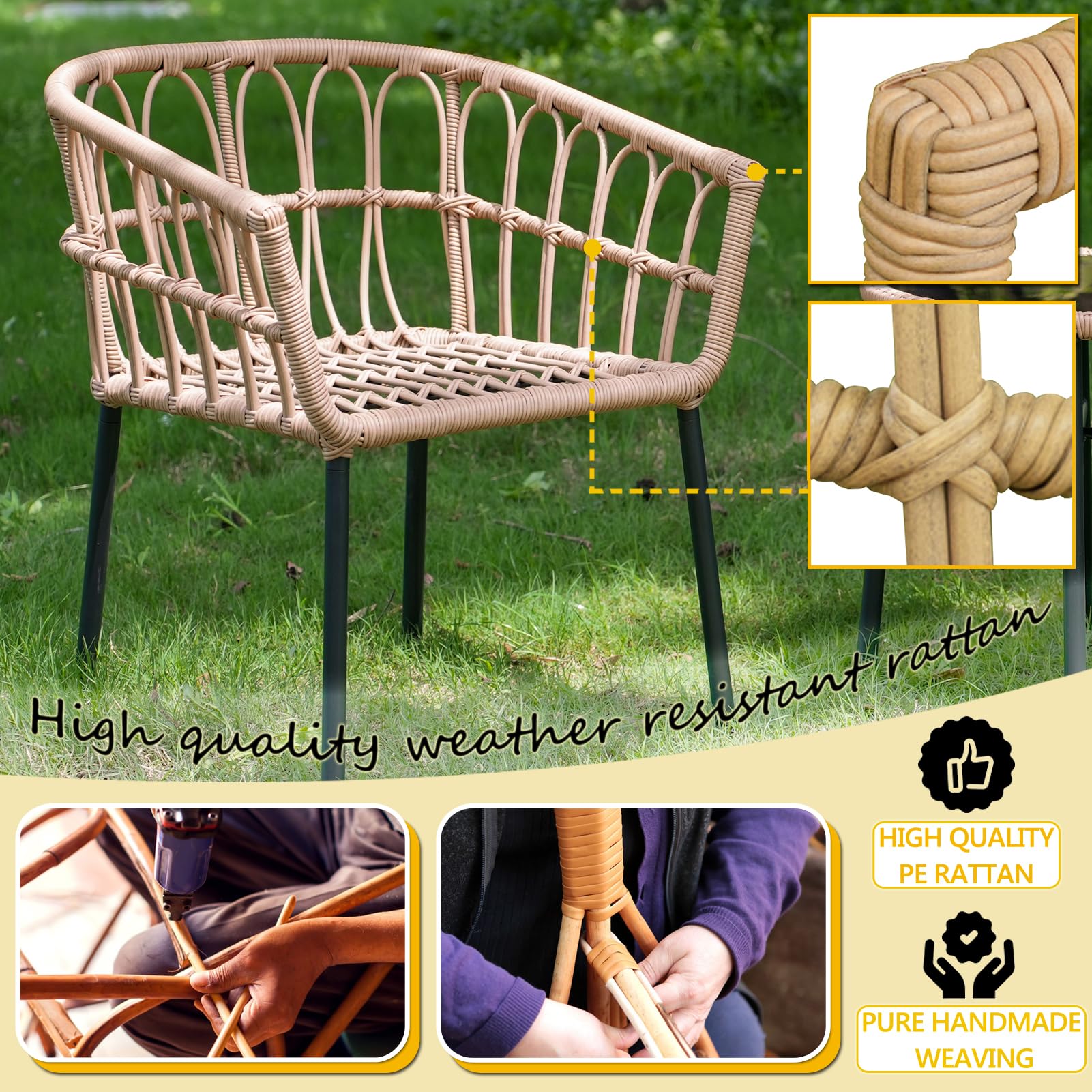 Homsido 3-Piece Bohemian Wicker Patio Furniture Set - Outdoor Rattan Chairs with Coffee Table & Waterproof Cushions - Perfect for Garden, Balcony, and Indoor Conversation Areas