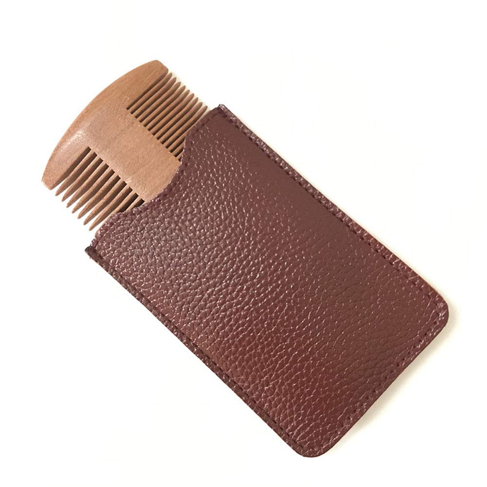 Premium Wooden Beard Comb for Men with PU Leather Case - Fine & Coarse Teeth for Mustache & Beard Grooming - Perfect for Travel, Home & Salon Use