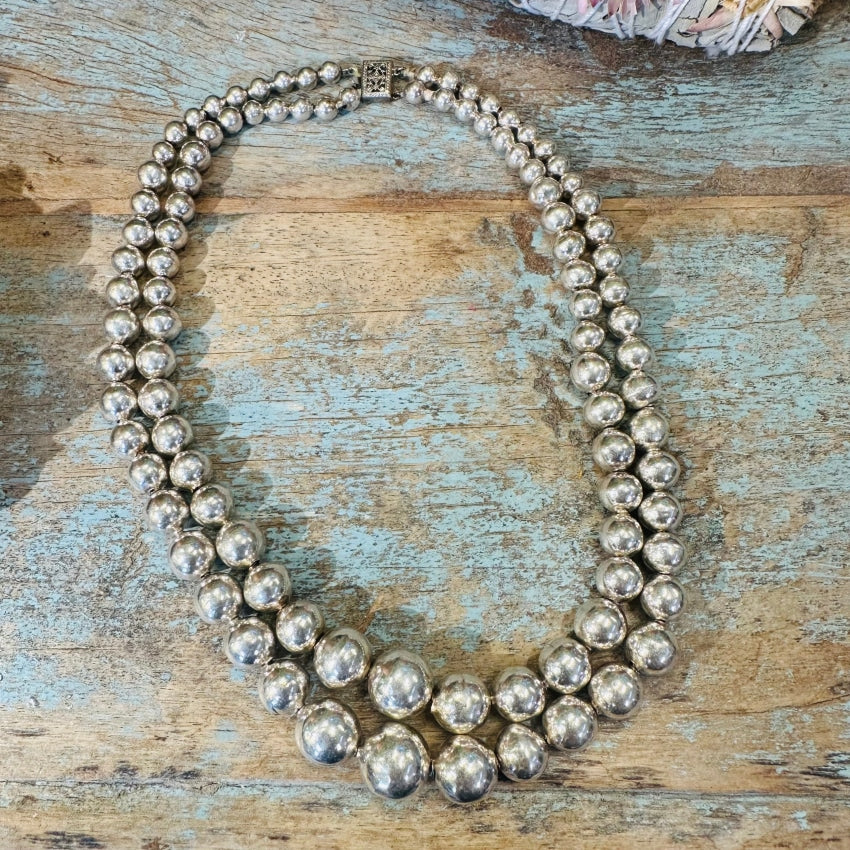 Vintage Sterling Silver Double Handmade Beaded Pearl Necklace - Elegant Jewelry for Women, Perfect for Weddings, Parties & Special Occasions