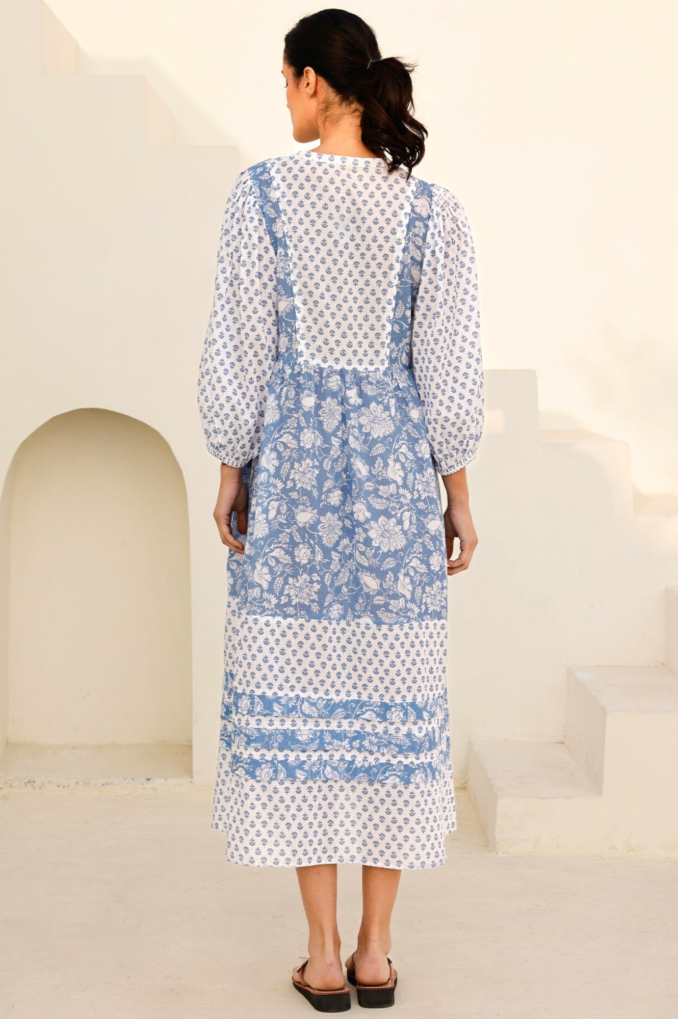 Martha Organic Cotton Floral Print Dress - Blue & White Blossom Design | Women's Casual Summer Dress for Beach, Picnic & Outdoor Activities