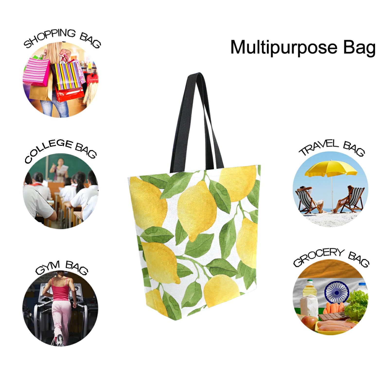 SUABO Large Lemon Print Canvas Tote Bag for Women - Reusable Casual Shoulder Handbag, Eco-Friendly Grocery Shopping Bag for Beach, Market & Daily Use